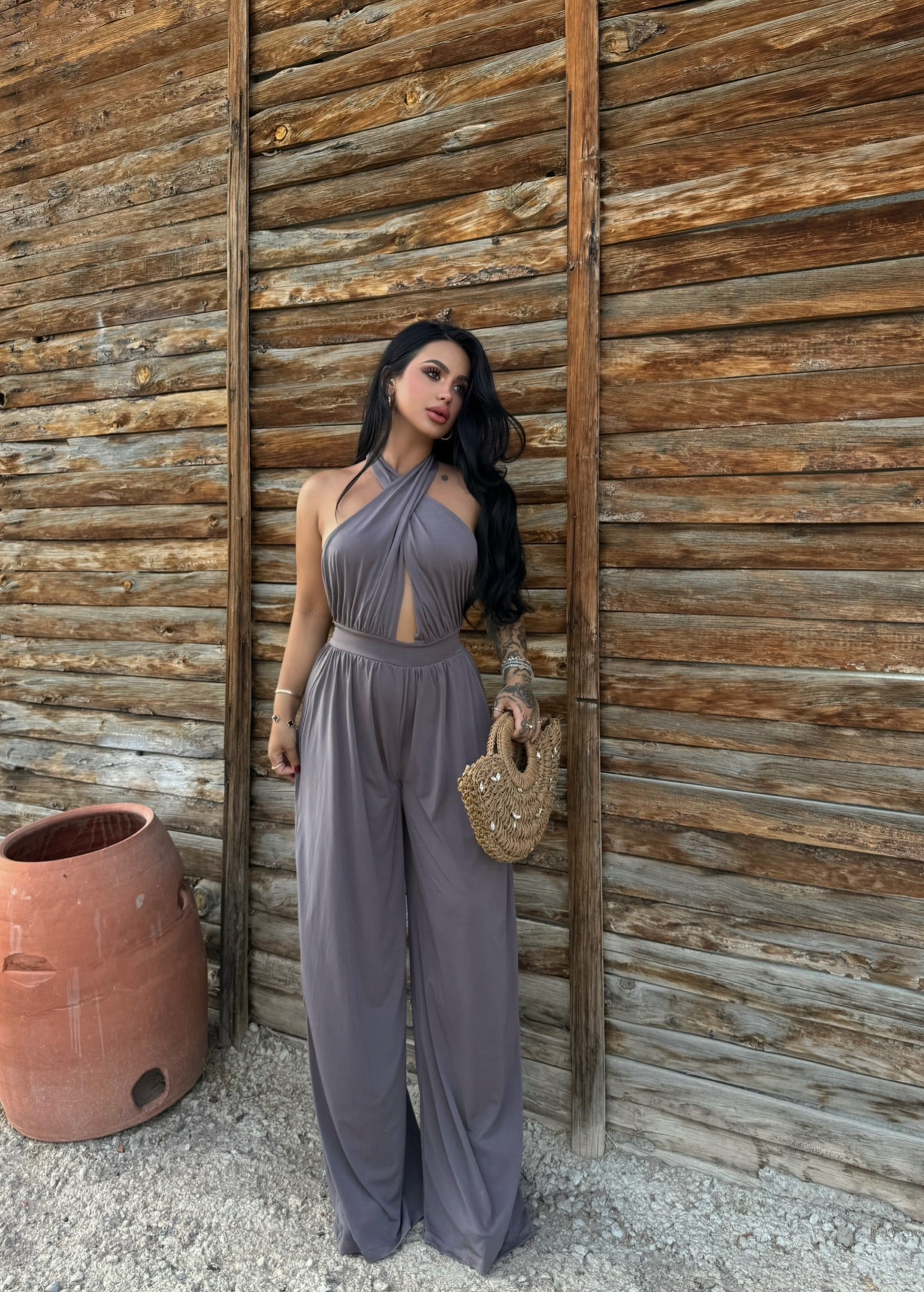 Beige Cross Neck Wide-Leg Jumpsuit