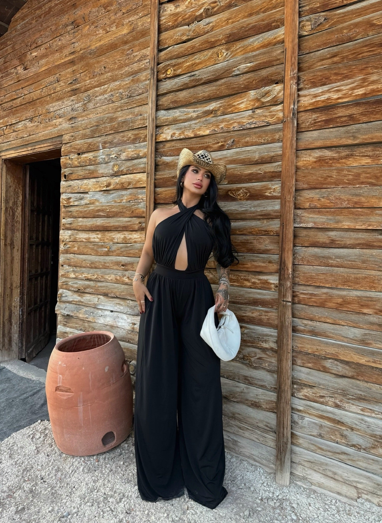 Black Cross Neck Wide-Leg Jumpsuit