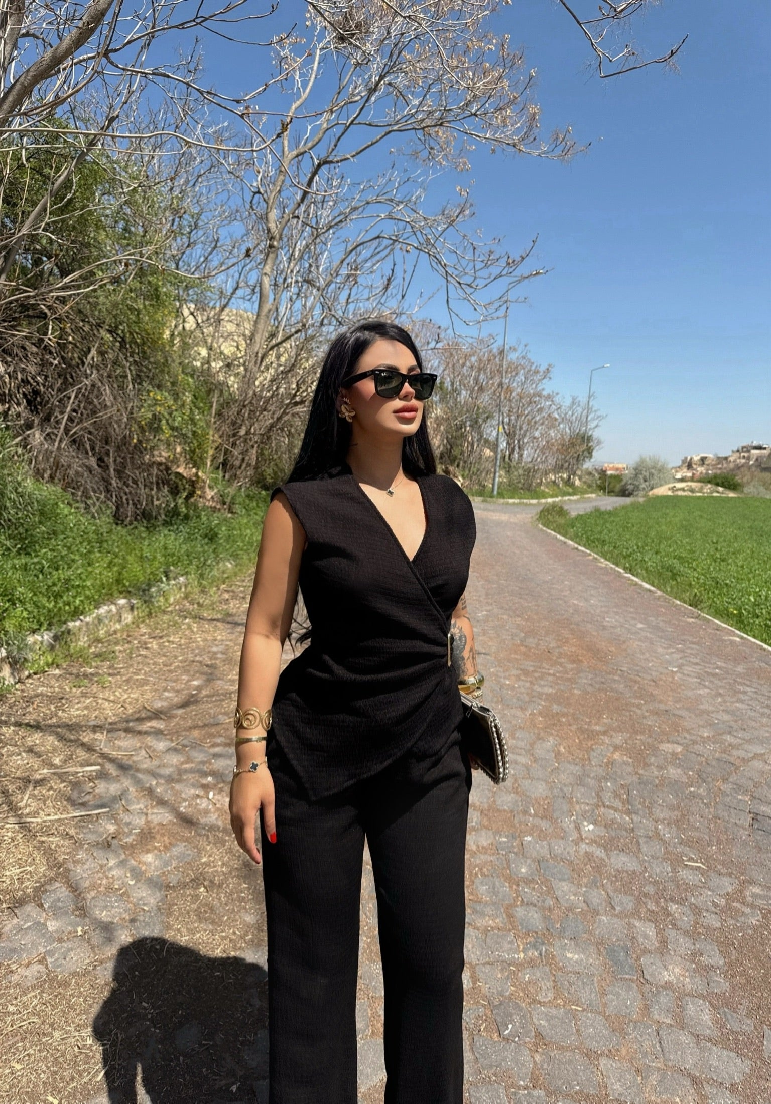 Black Buckle Wrap Two-Piece Set