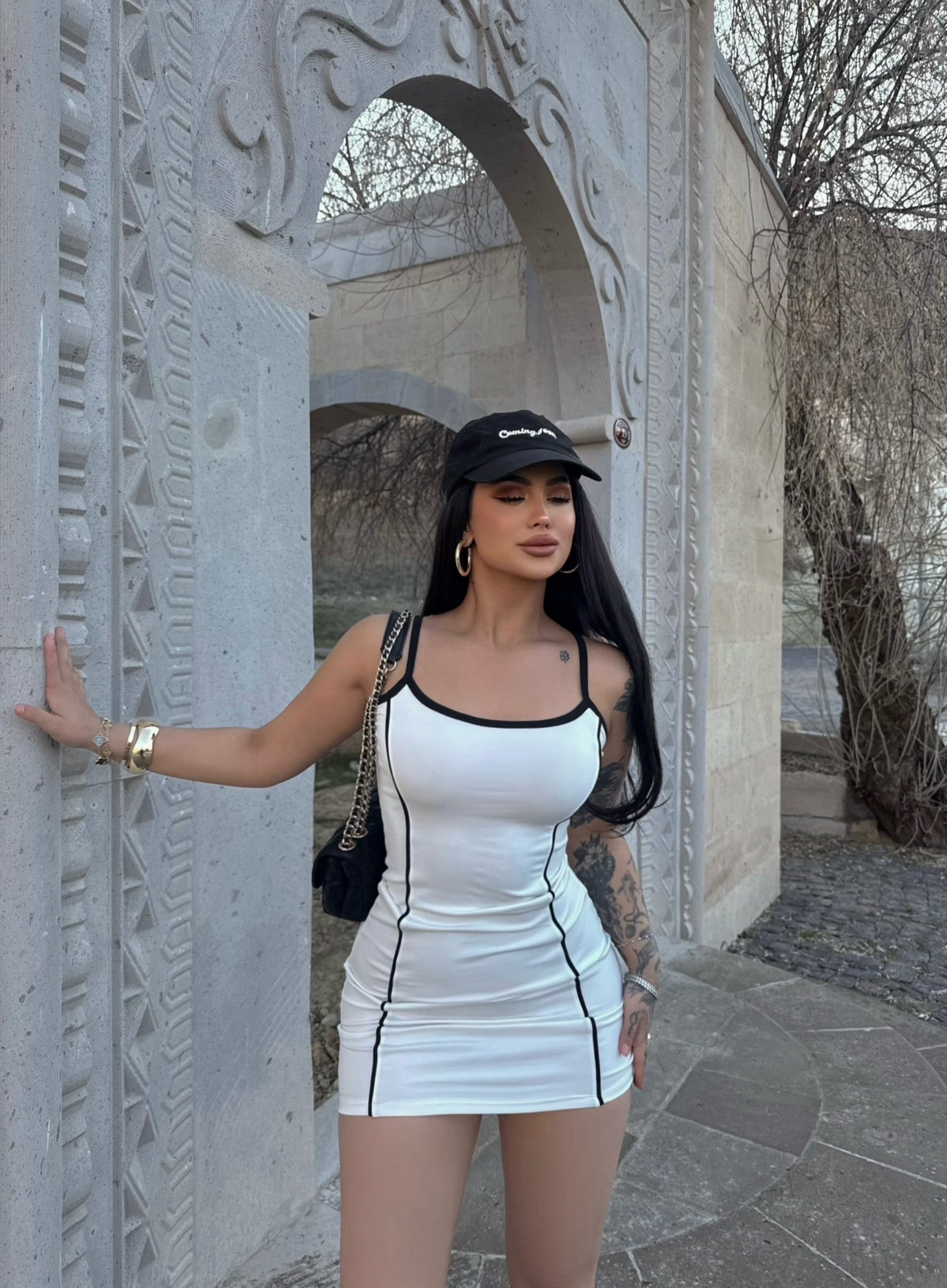 White Strappy Piped Scuba Dress