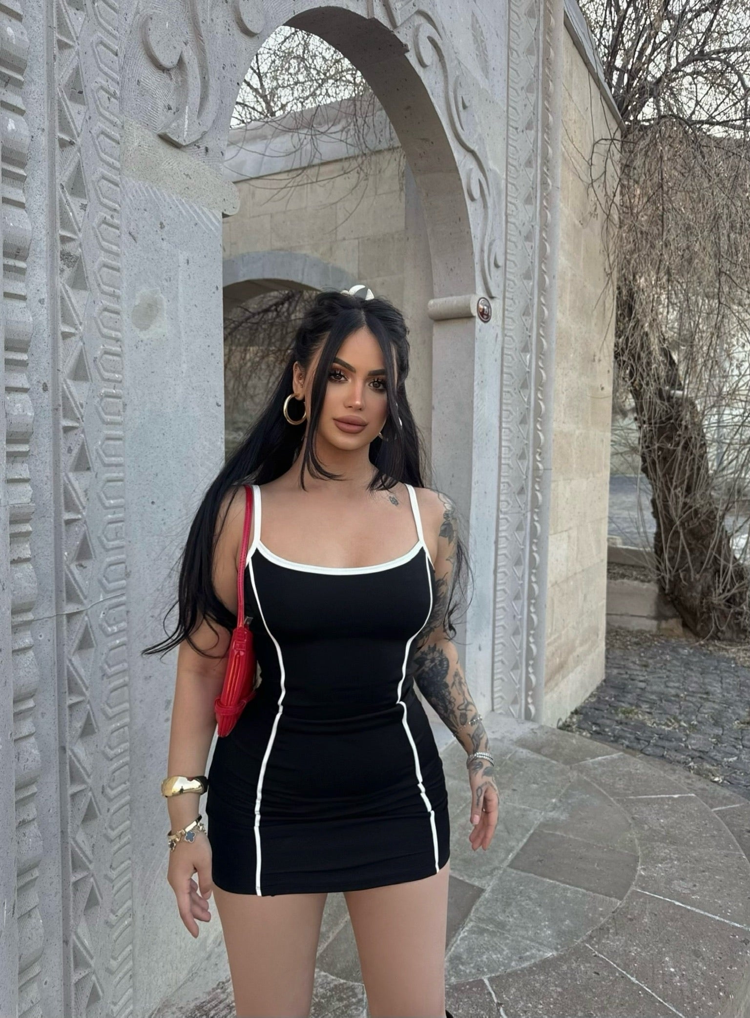 Black Strappy Piped Scuba Dress