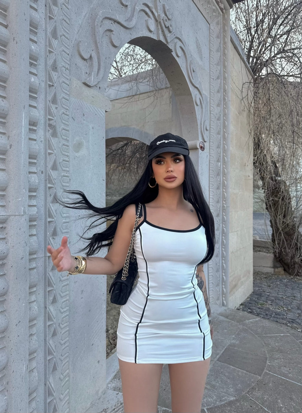 White Strappy Piped Scuba Dress