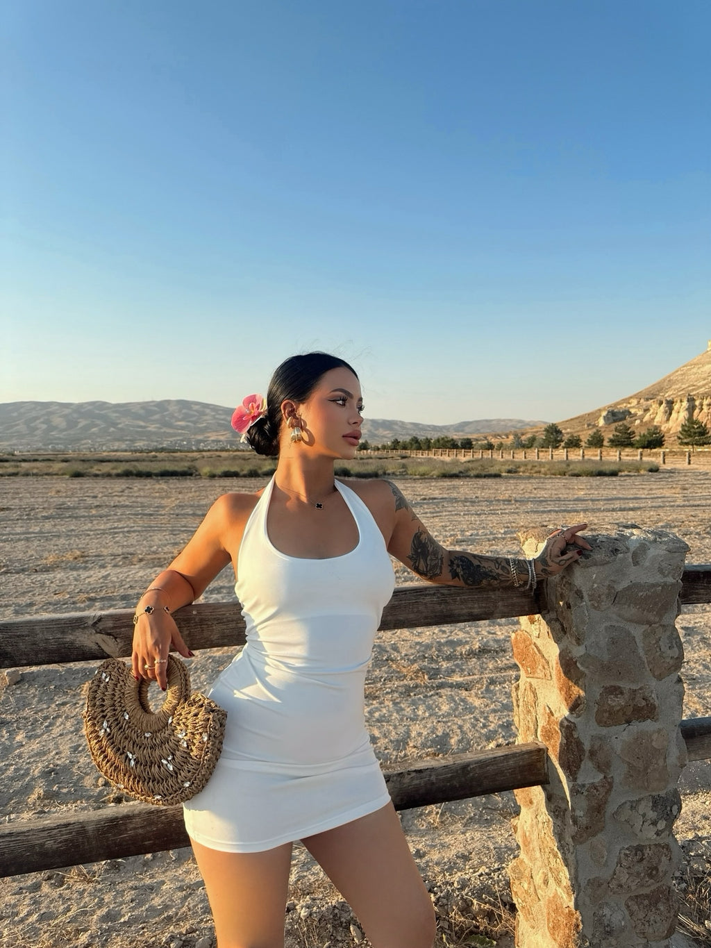 White Halter Neck Double Dress