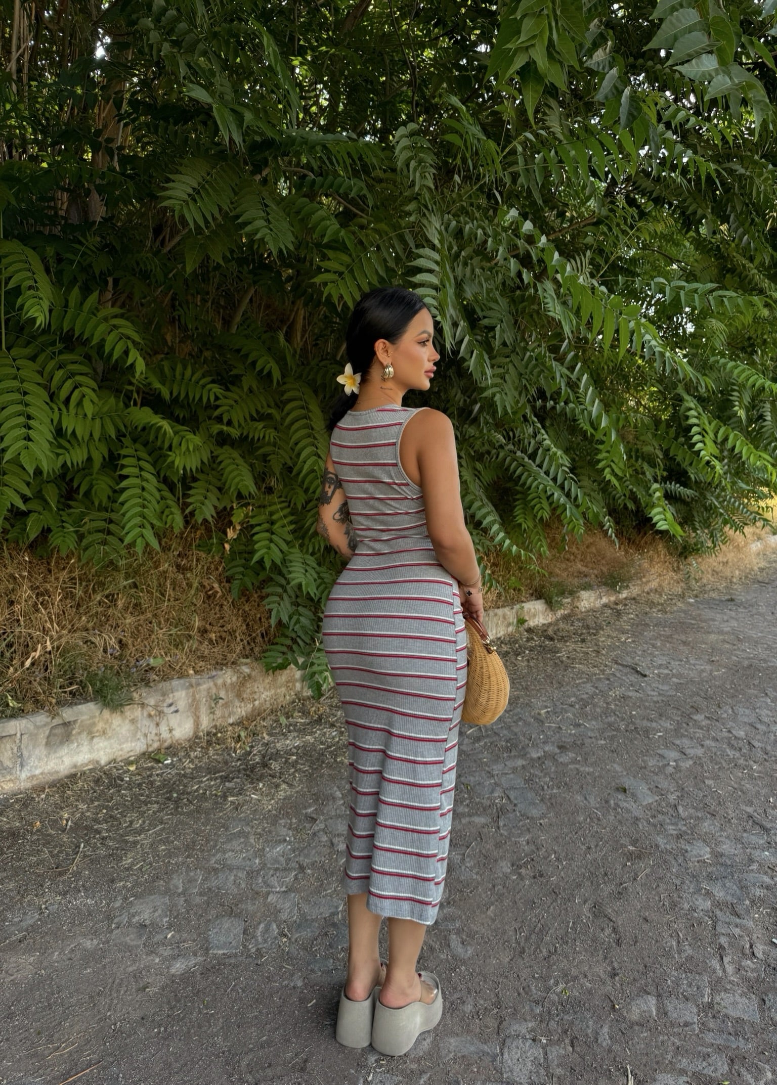 Gray Side Ruched Striped Dress