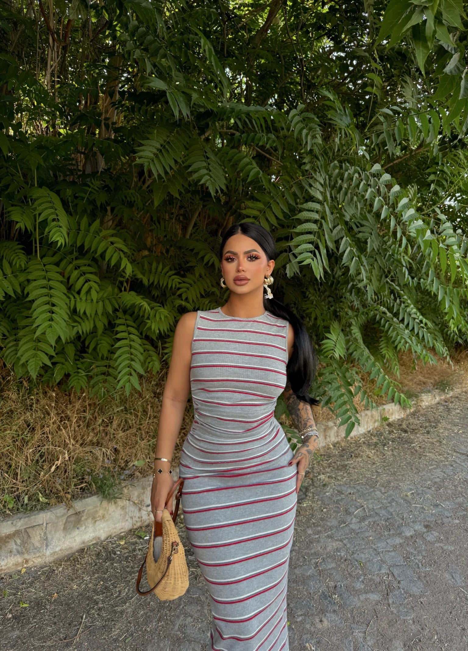 Gray Side Ruched Striped Dress