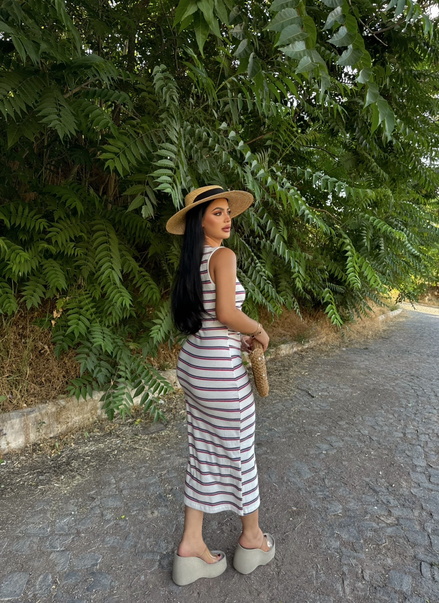 White Side Ruched Striped Dress