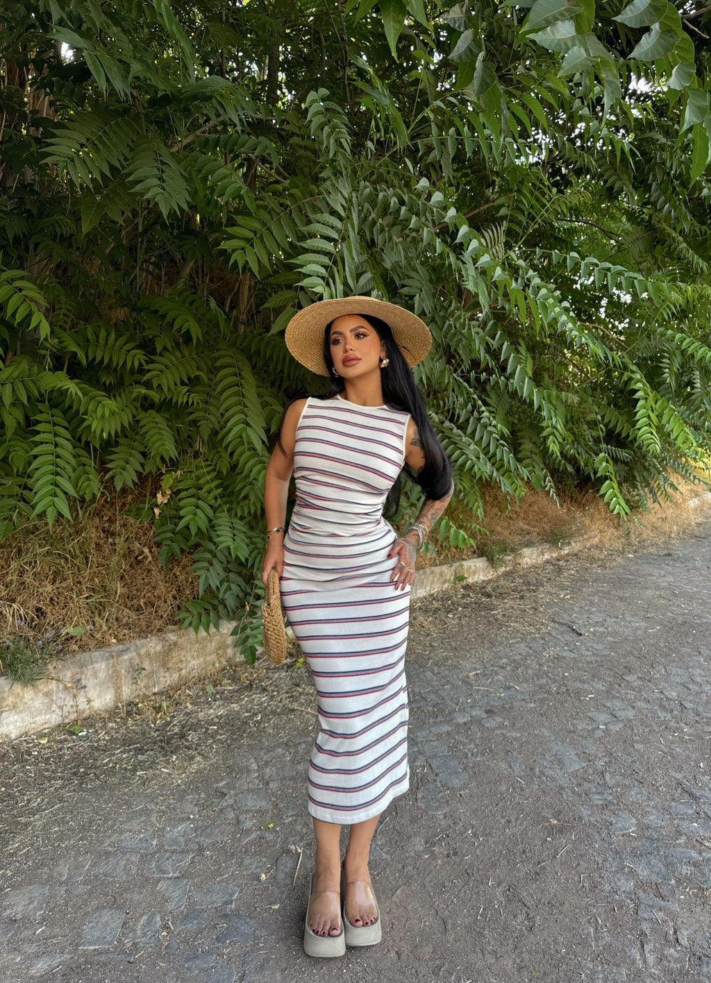 White Side Ruched Striped Dress
