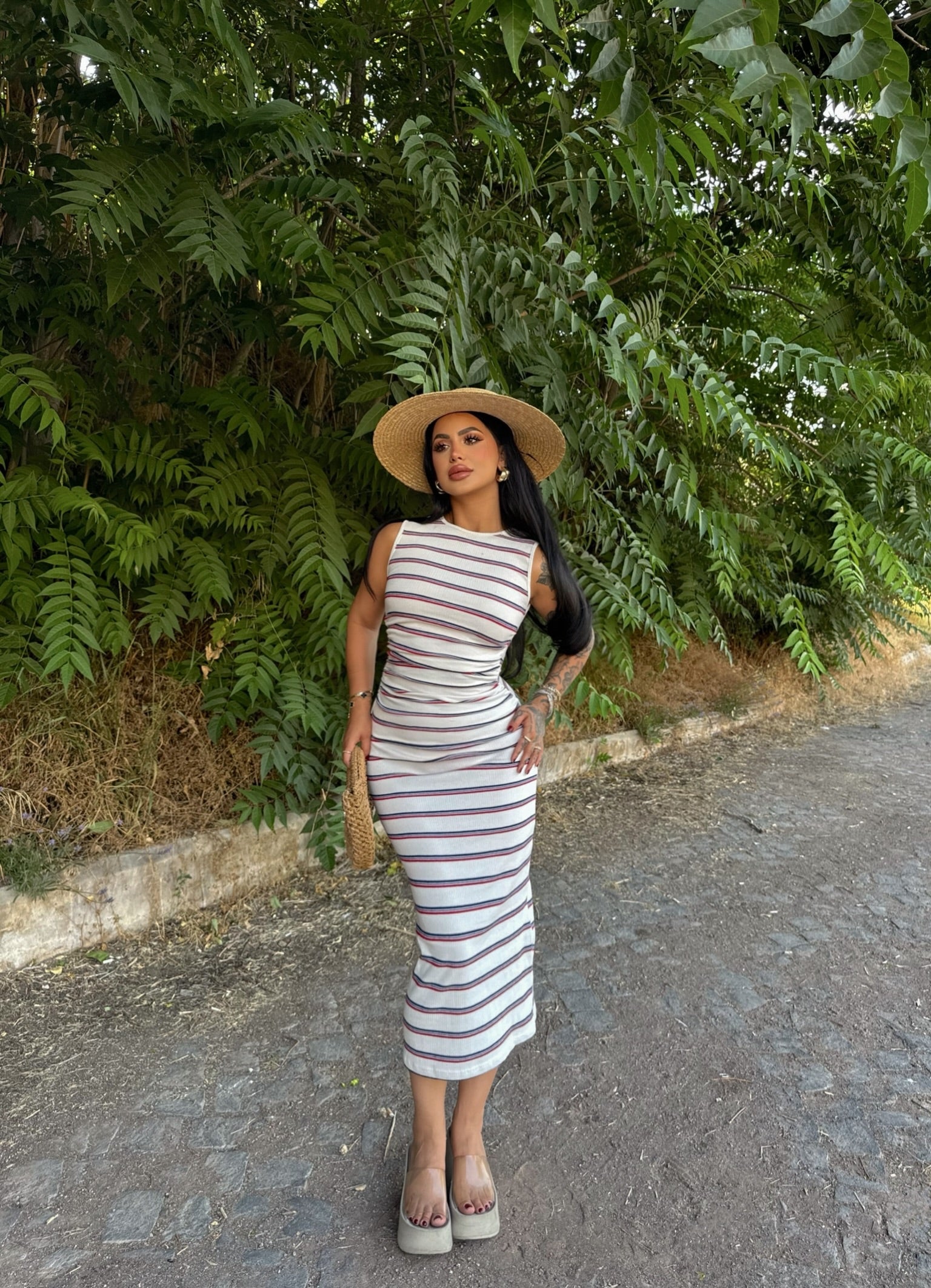 White Side Ruched Striped Dress