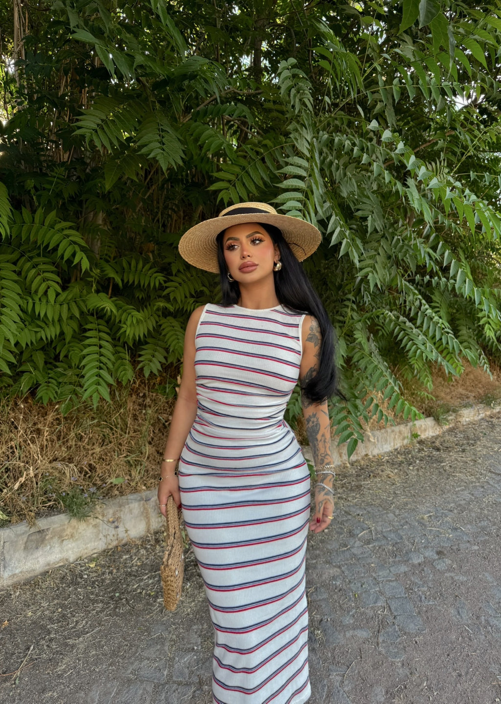 White Side Ruched Striped Dress