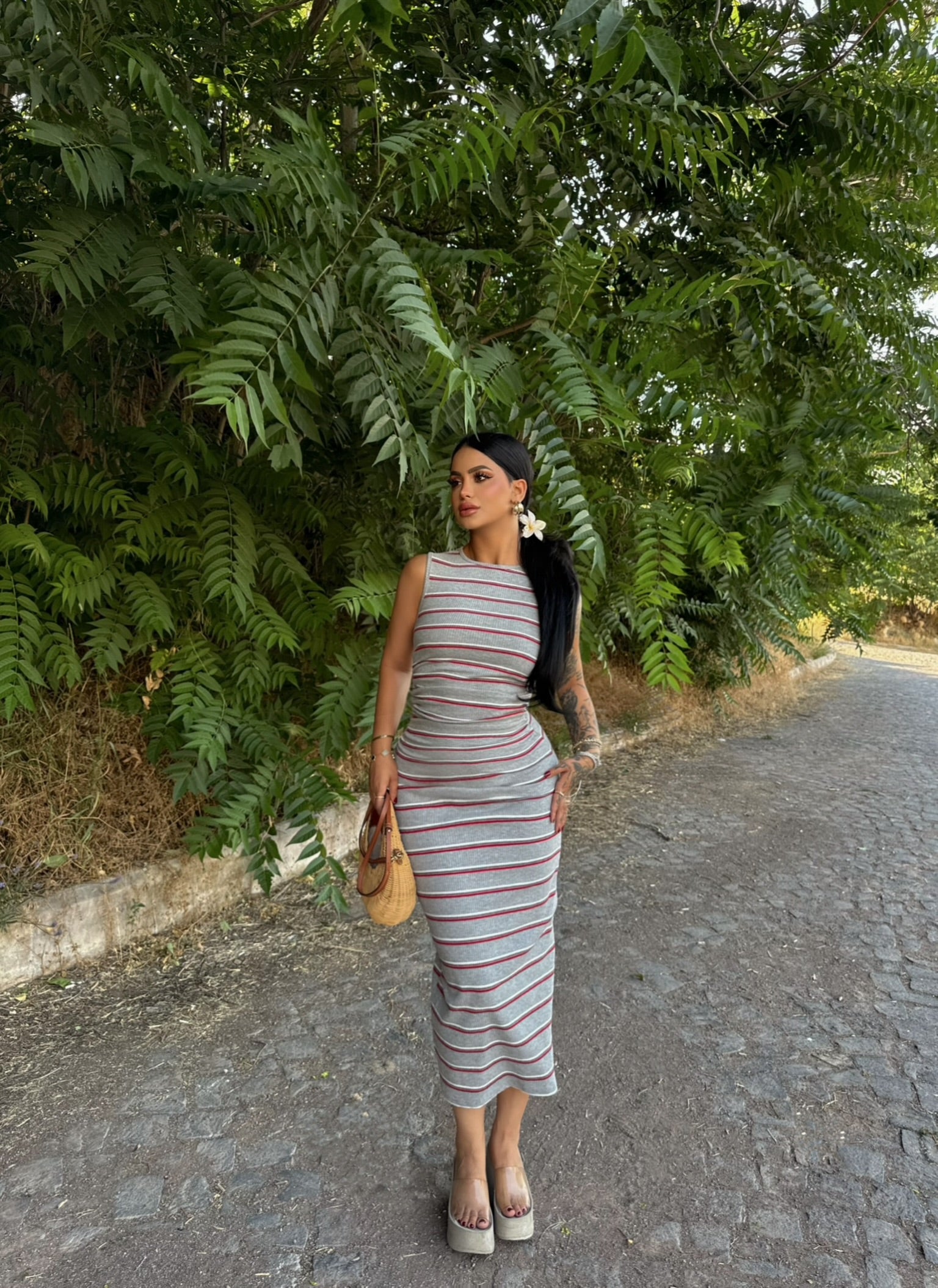 Gray Side Ruched Striped Dress