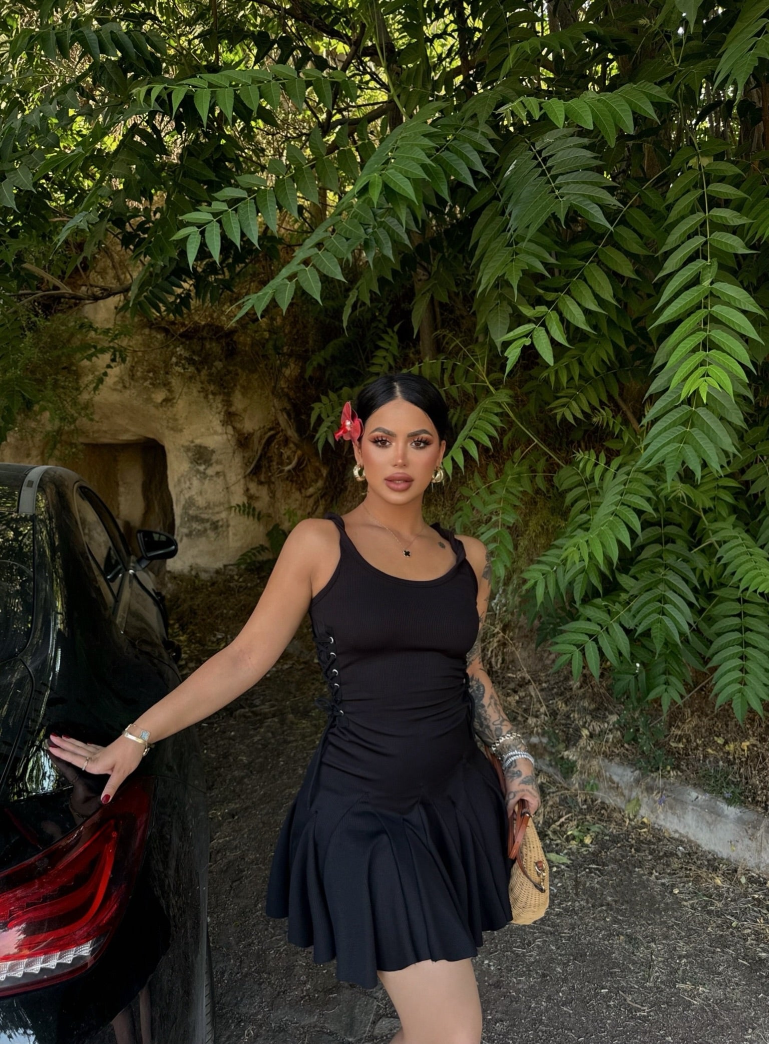 Black Eyelet Strap Ribbed Dress