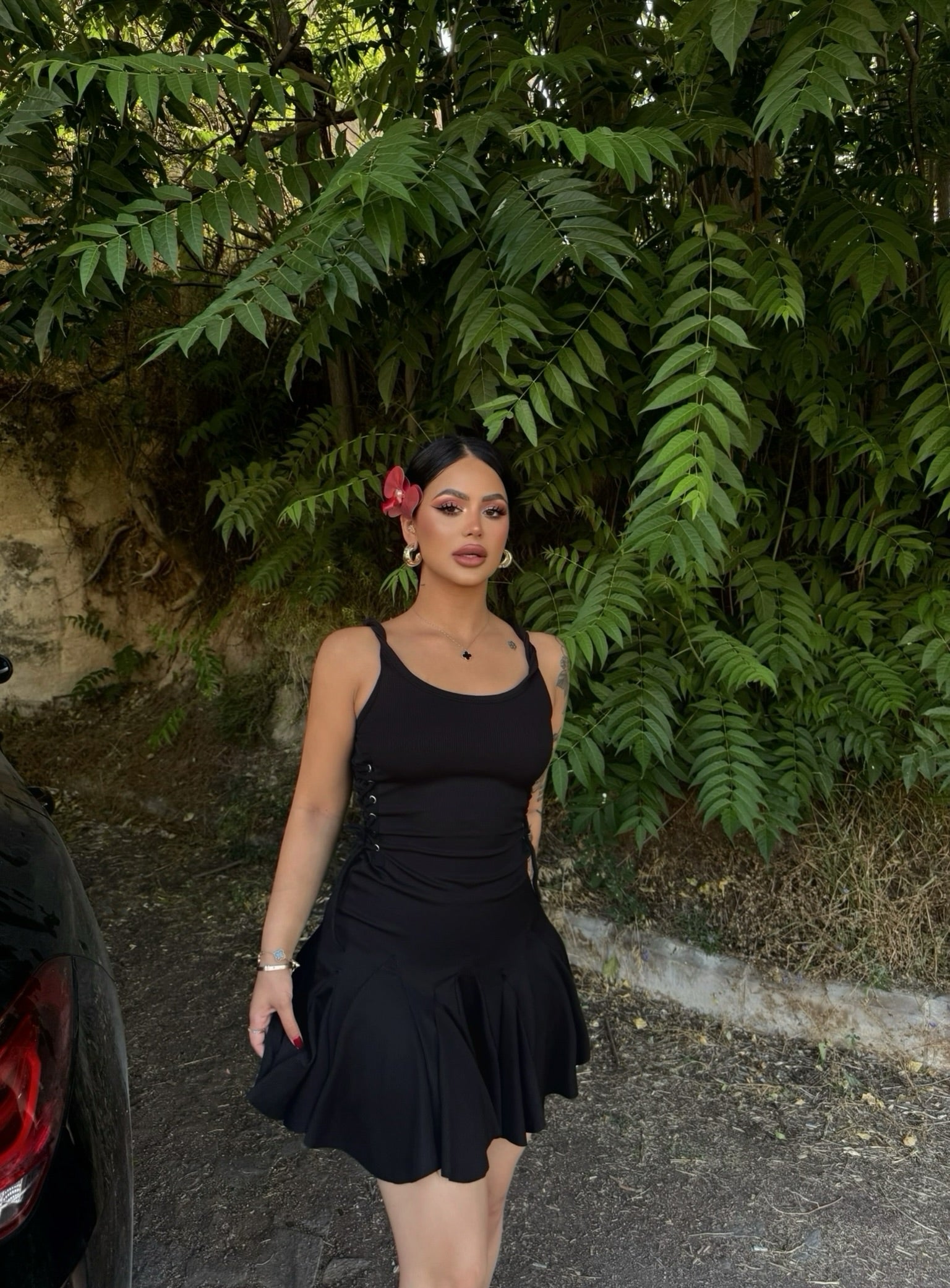 Black Eyelet Strap Ribbed Dress