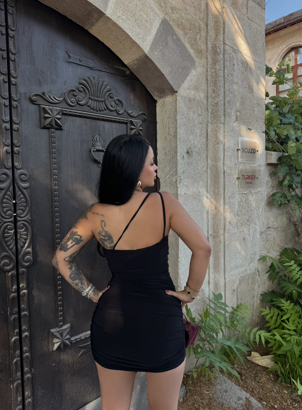 Black Shoulder Accessory Ruched Dress