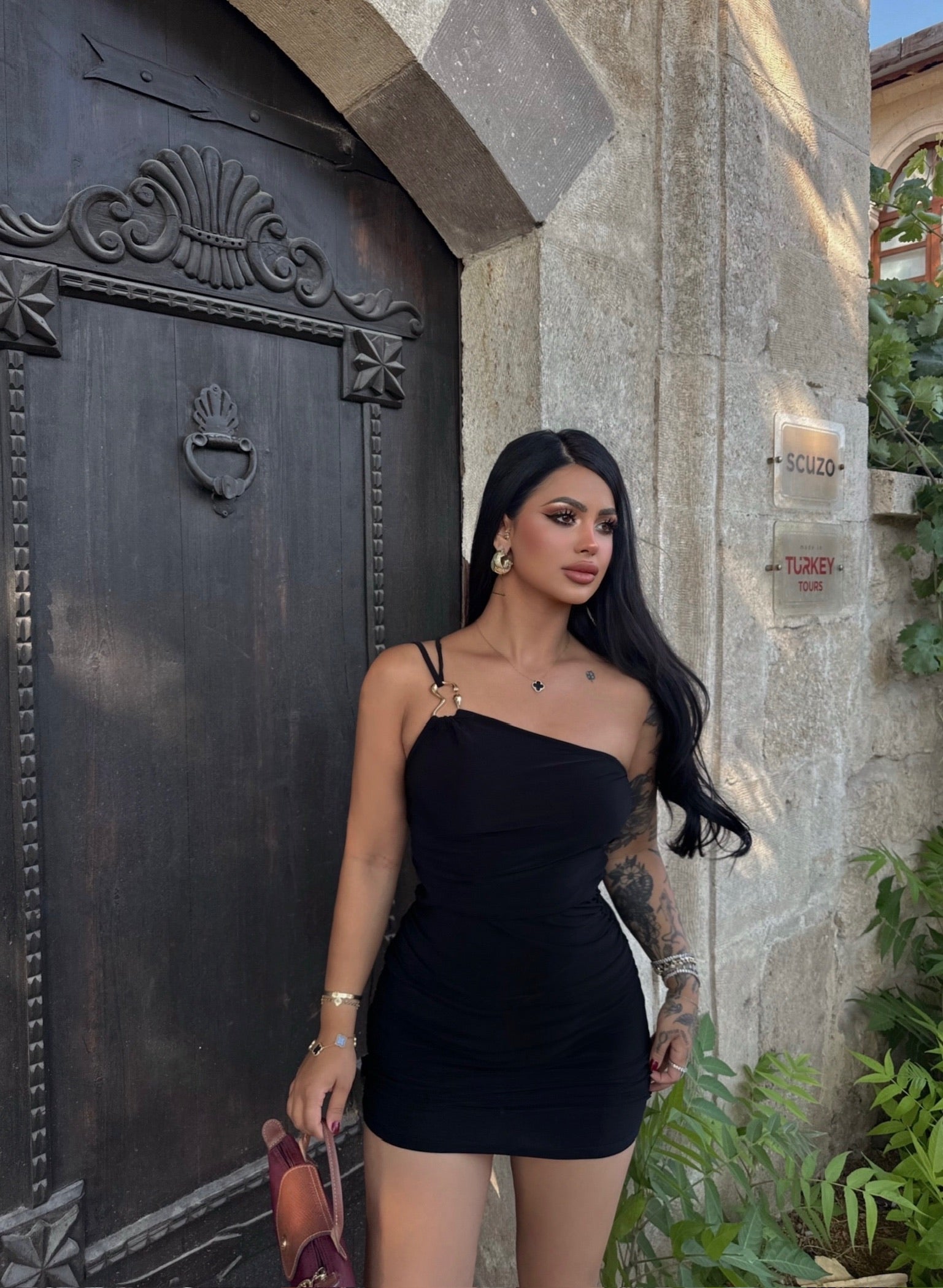 Black Shoulder Accessory Ruched Dress