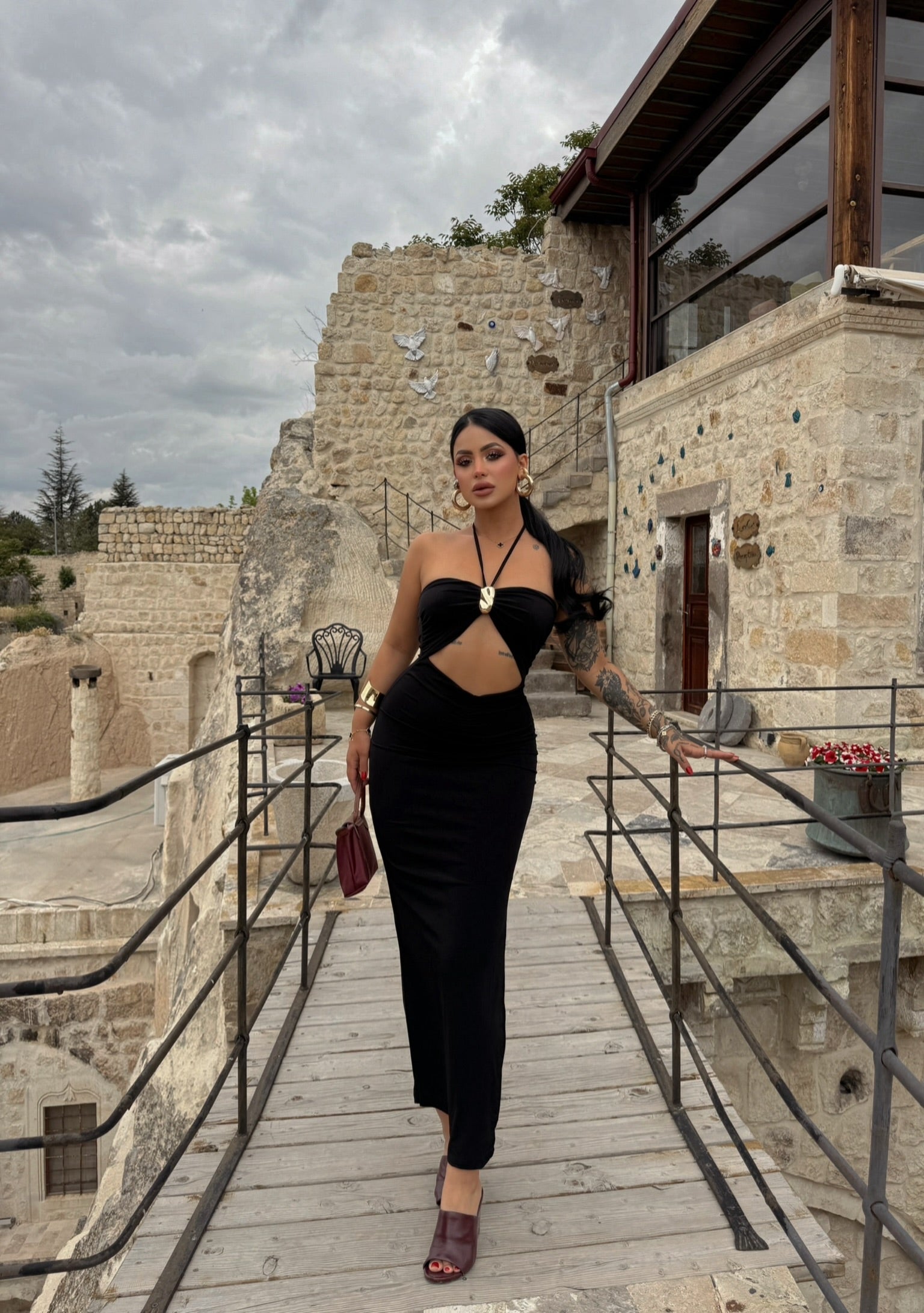 Black Chest Accessory Maxi Dress