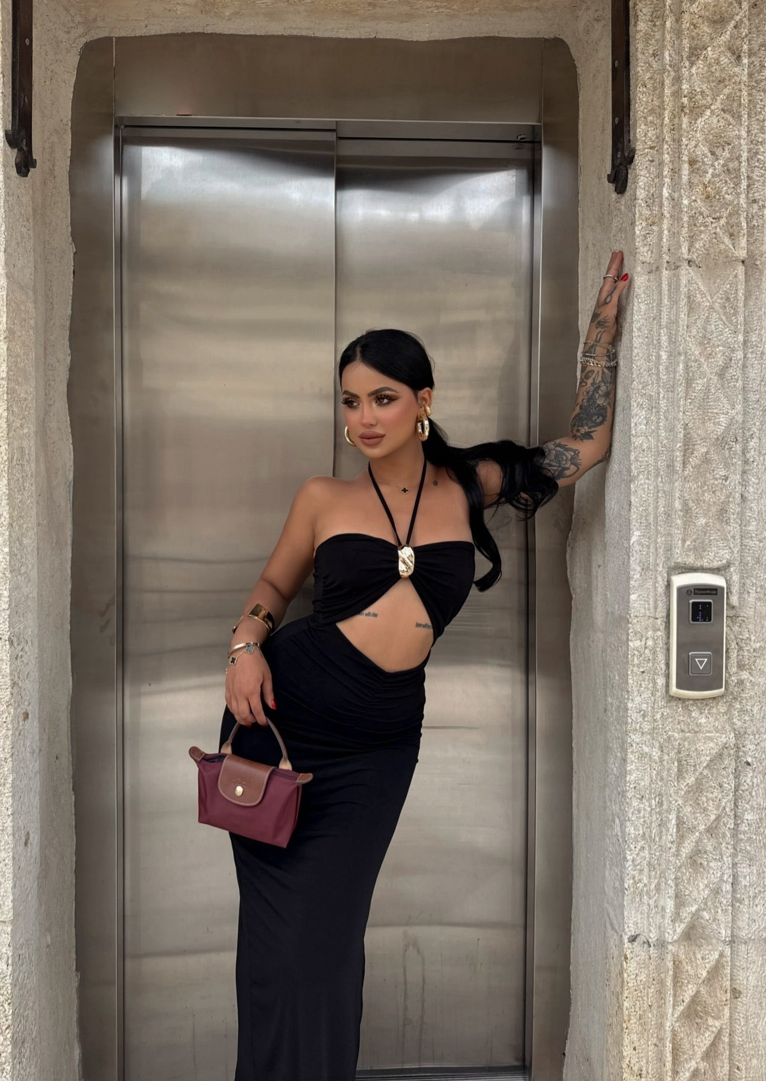 Black Chest Accessory Maxi Dress