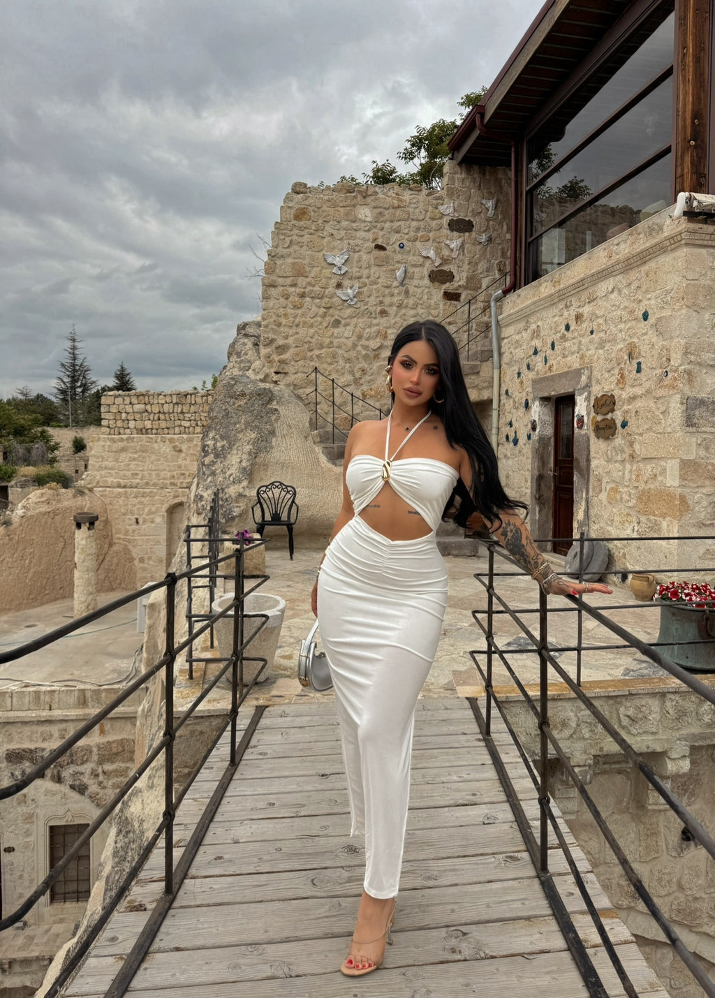 White Chest Accessory Maxi Dress