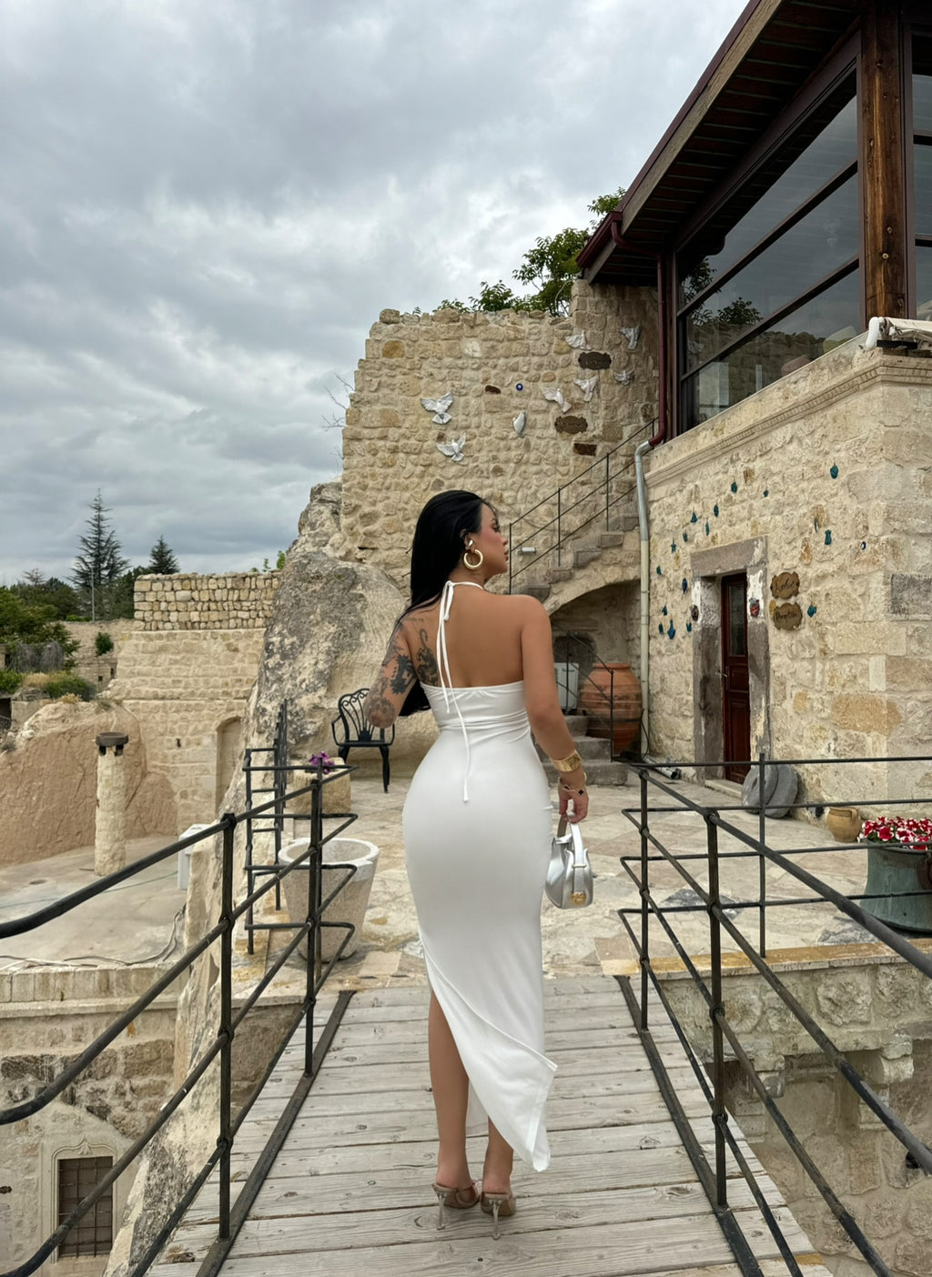 White Chest Accessory Maxi Dress