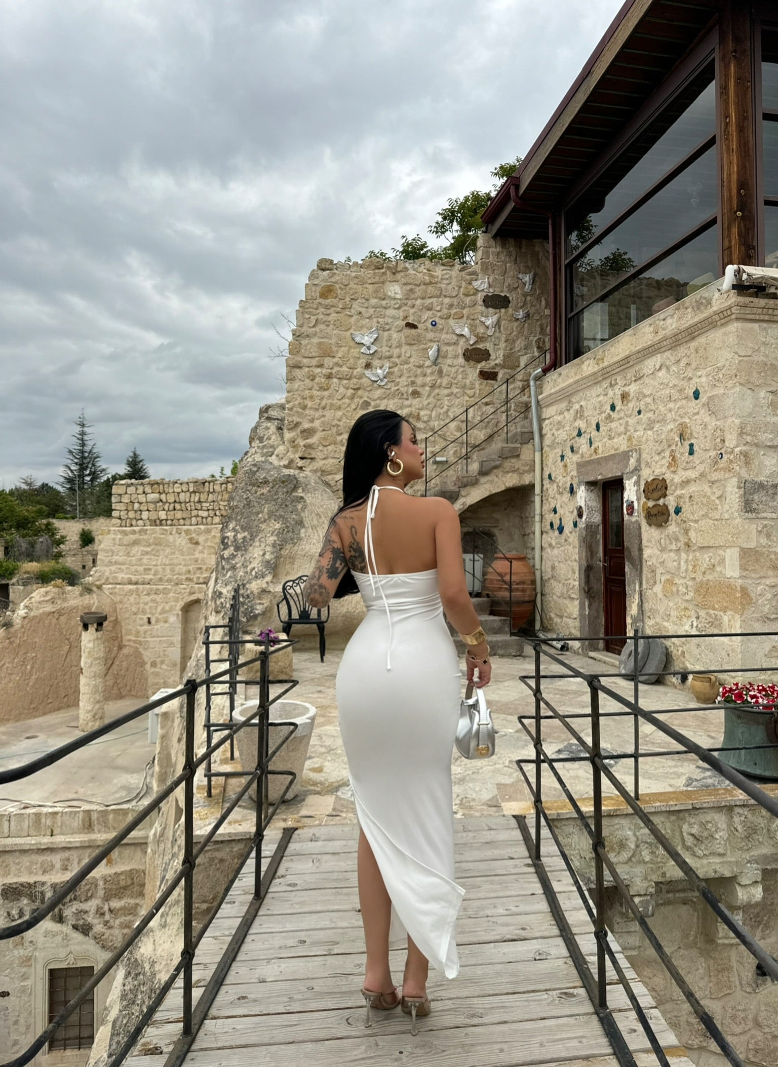 White Chest Accessory Maxi Dress