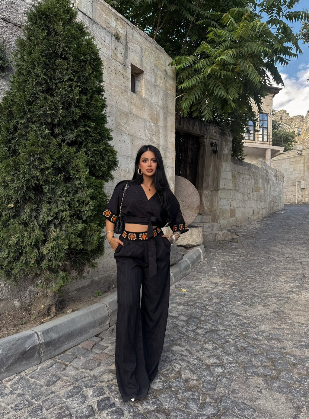 Black Ethnic Linen Two-Piece Set