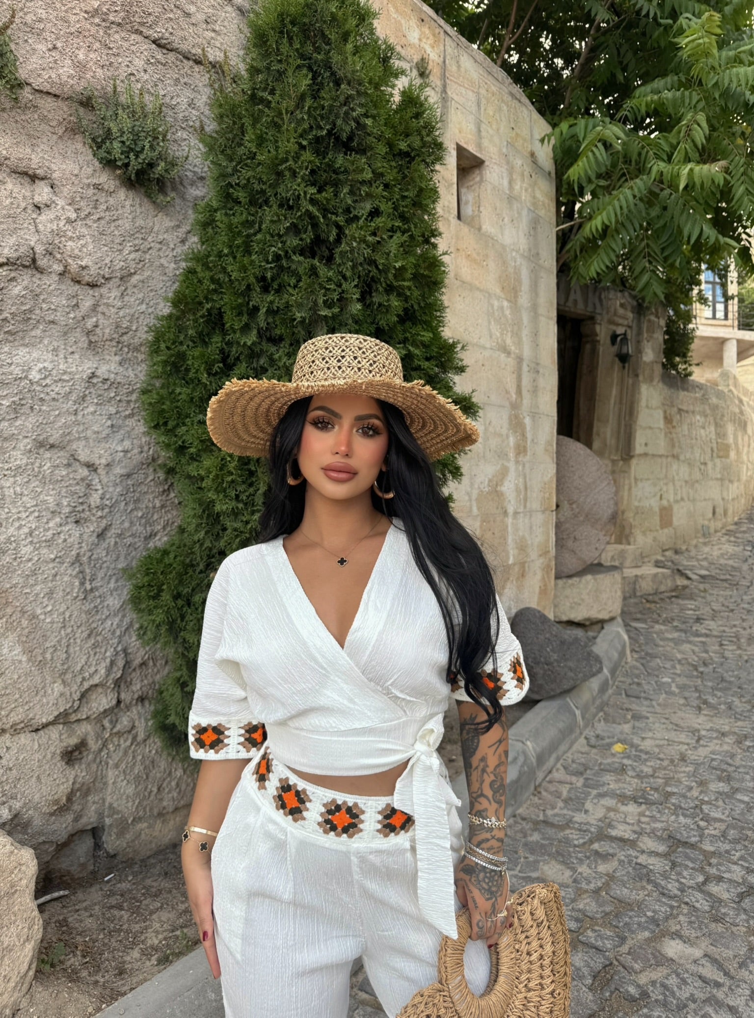 White Ethnic Linen Two-Piece Set
