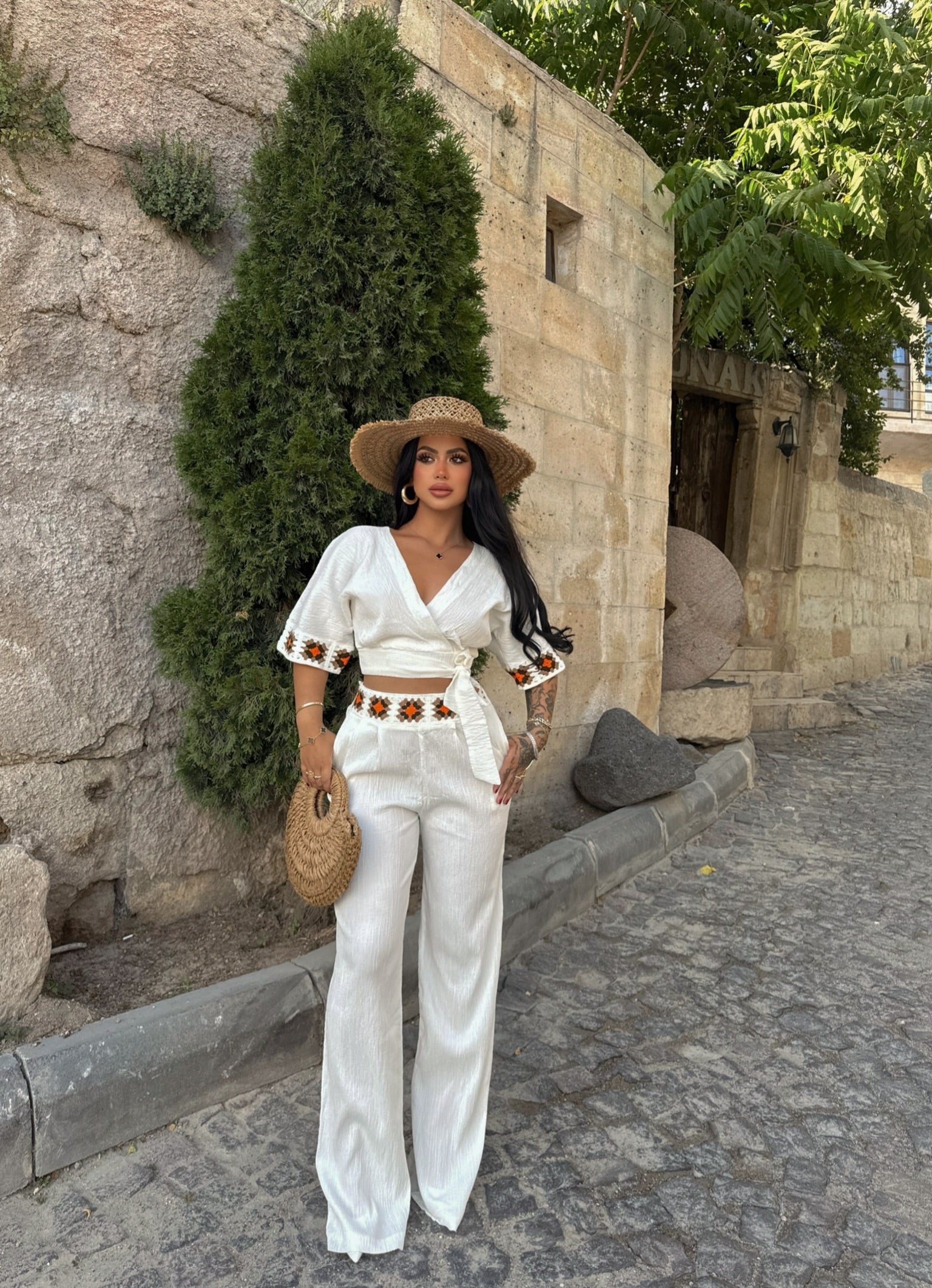 White Ethnic Linen Two-Piece Set