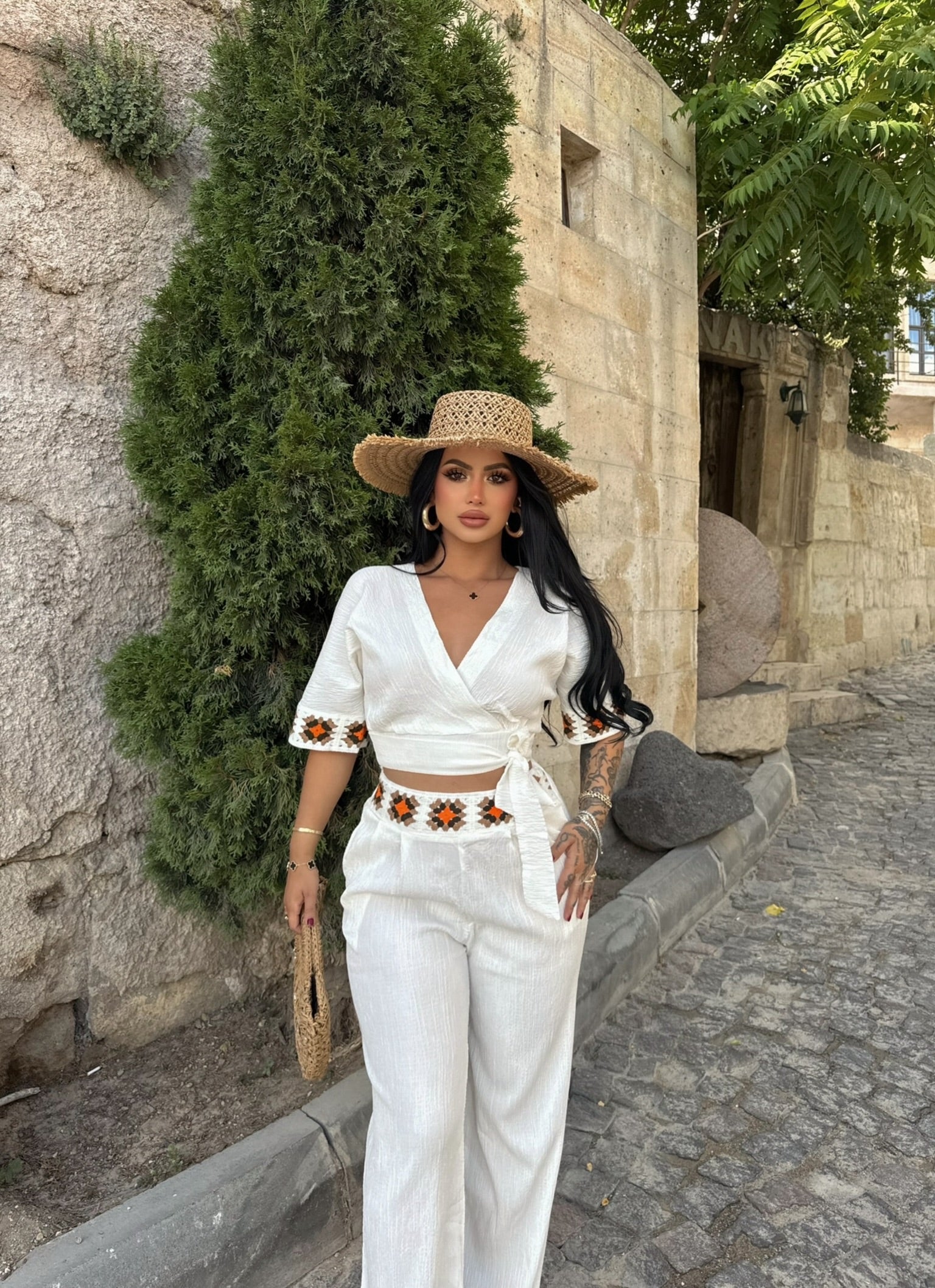 White Ethnic Linen Two-Piece Set