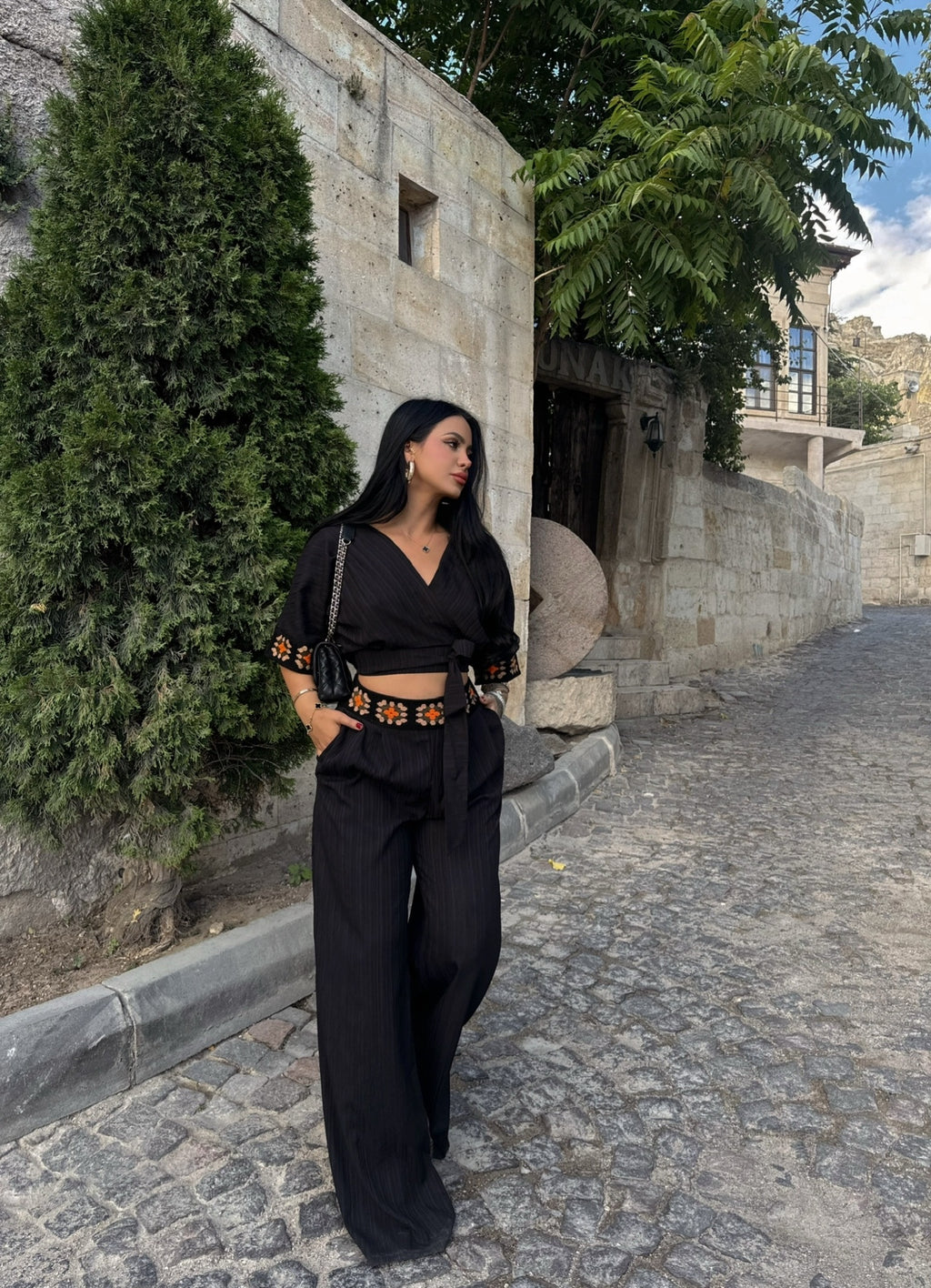 Black Ethnic Linen Two-Piece Set