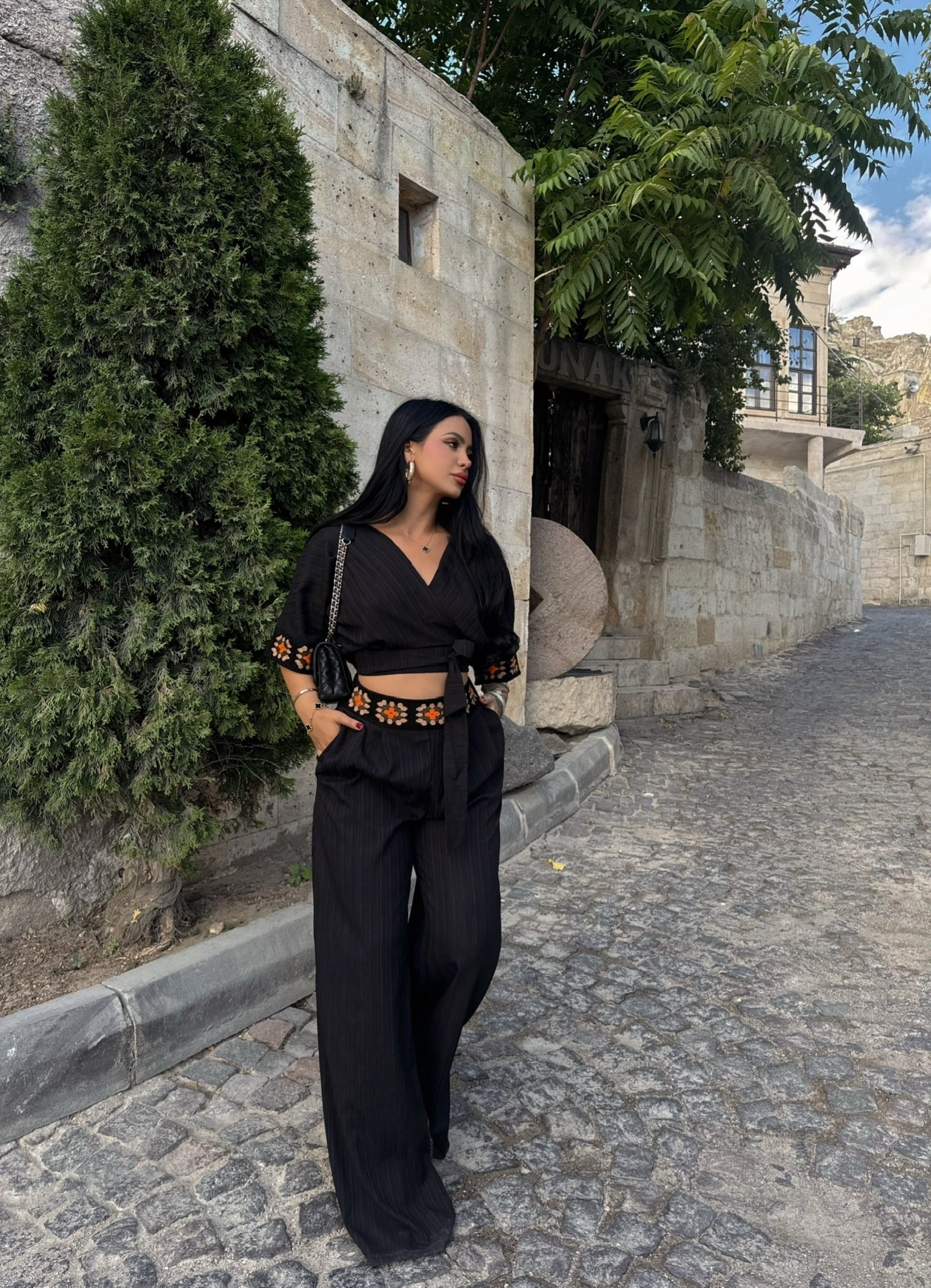 Black Ethnic Linen Two-Piece Set
