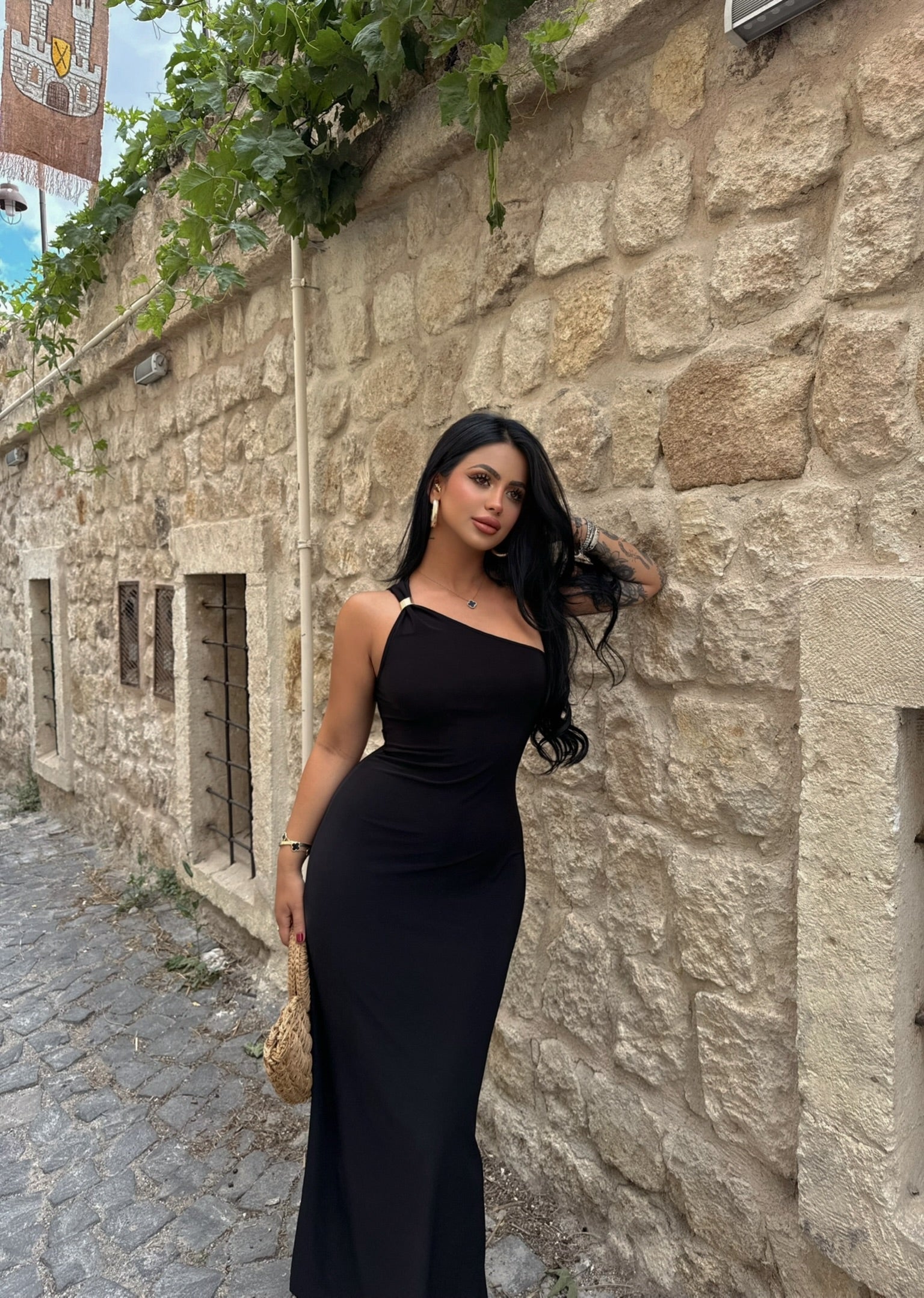 Black One-Shoulder Accessory Dress