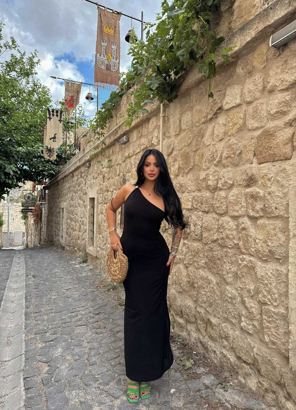 Black One-Shoulder Accessory Dress