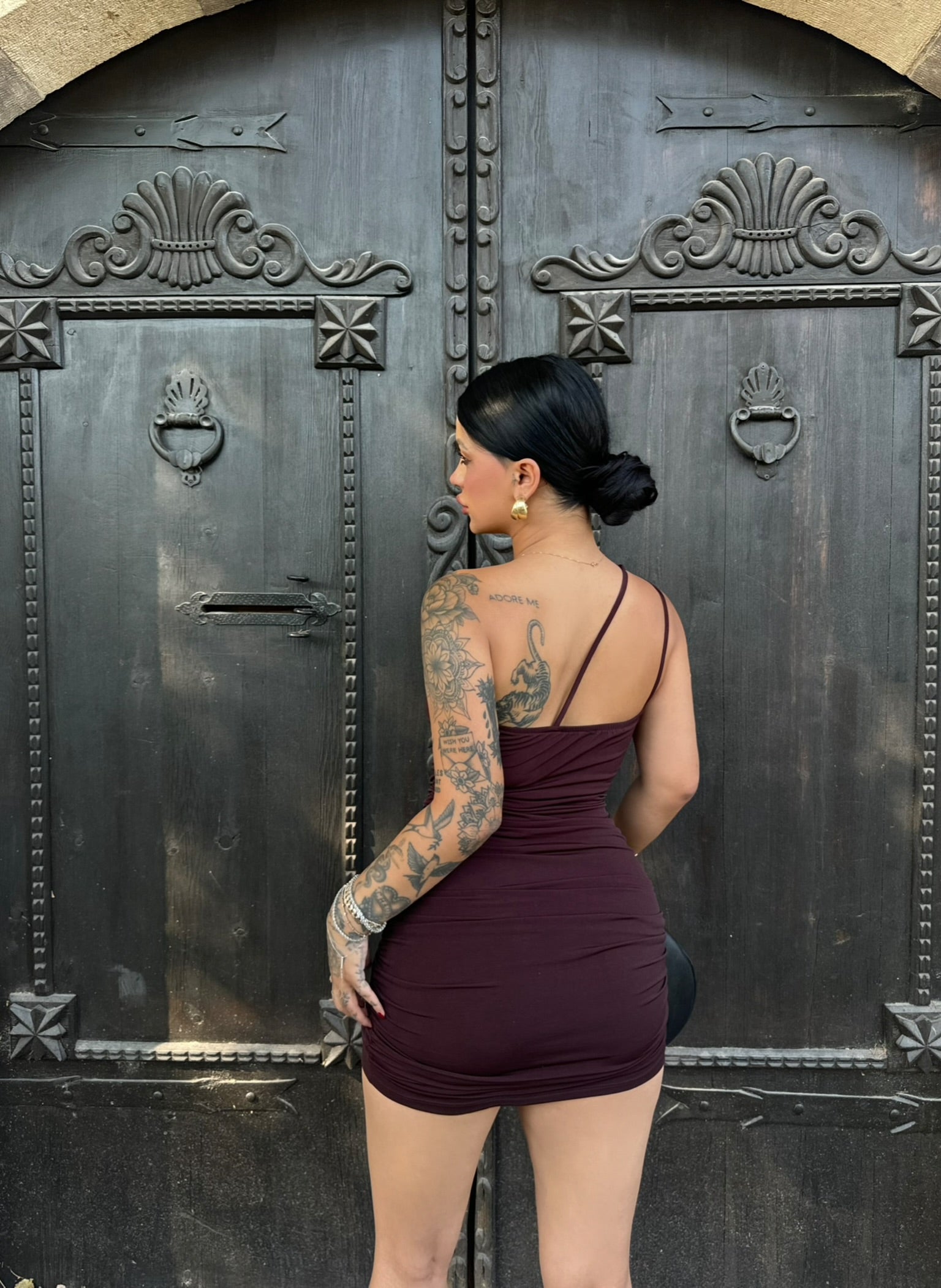 Brown Shoulder Accessory Ruched Dress