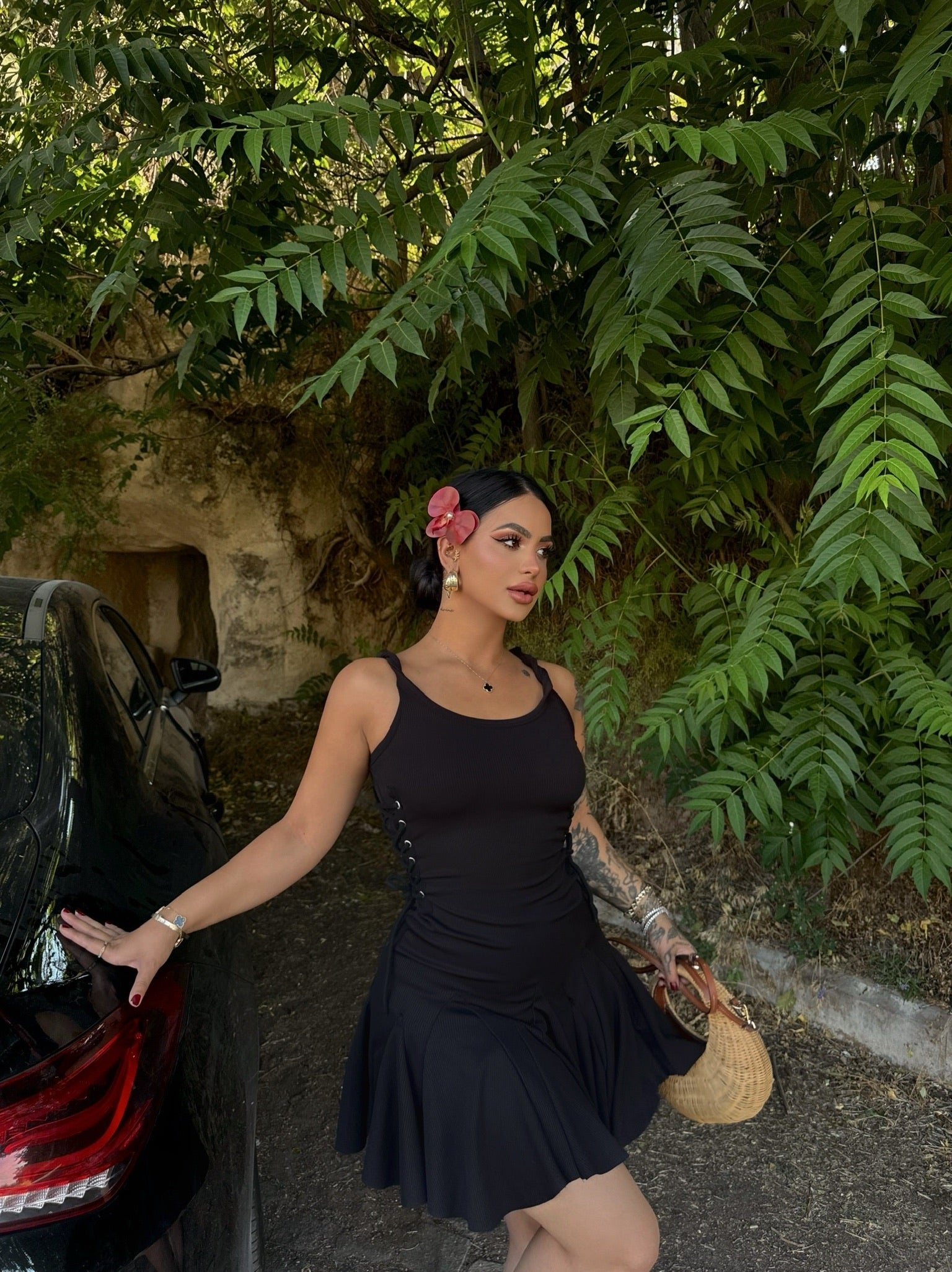 Black Eyelet Strap Ribbed Dress
