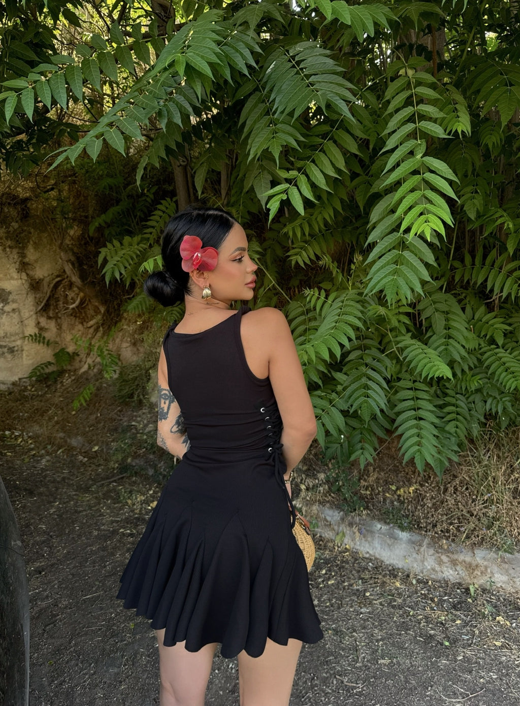 Black Eyelet Strap Ribbed Dress
