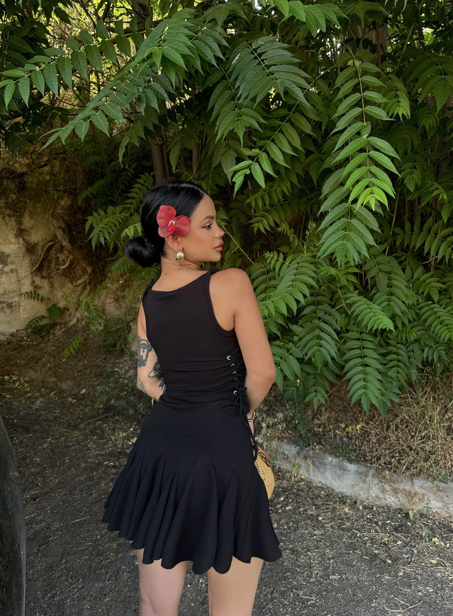Black Eyelet Strap Ribbed Dress