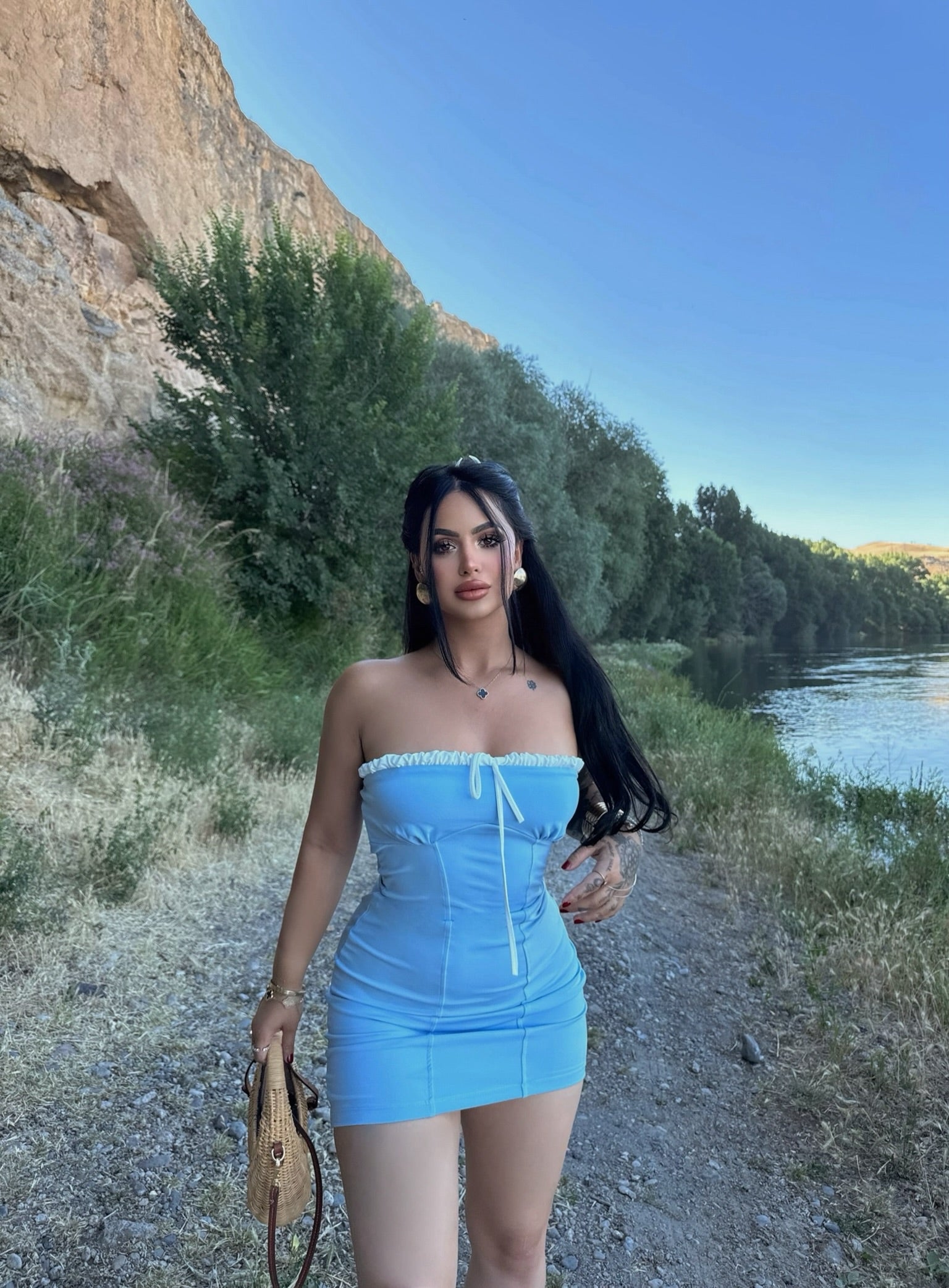 Blue Tie-Neck Mini Dress
