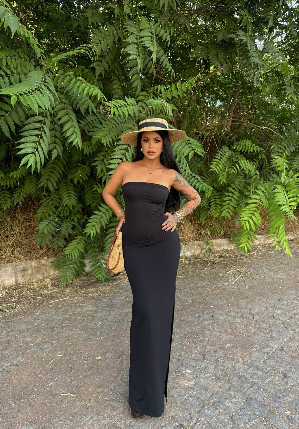 Black One-Slit Strapless Dress