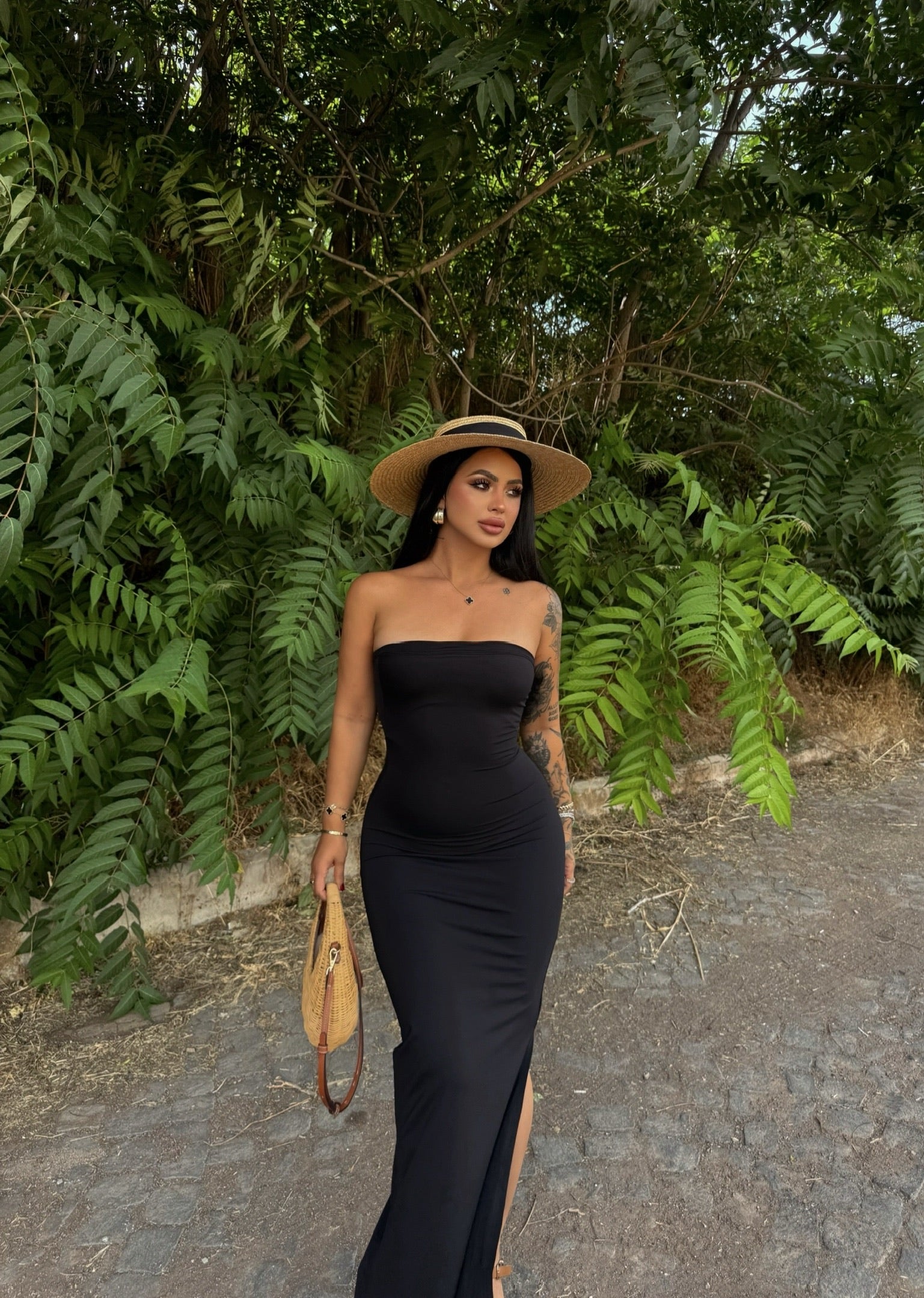 Black One-Slit Strapless Dress