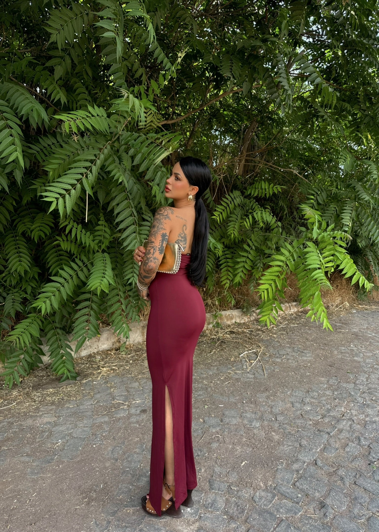 Burgundy One-Slit Strapless Dress