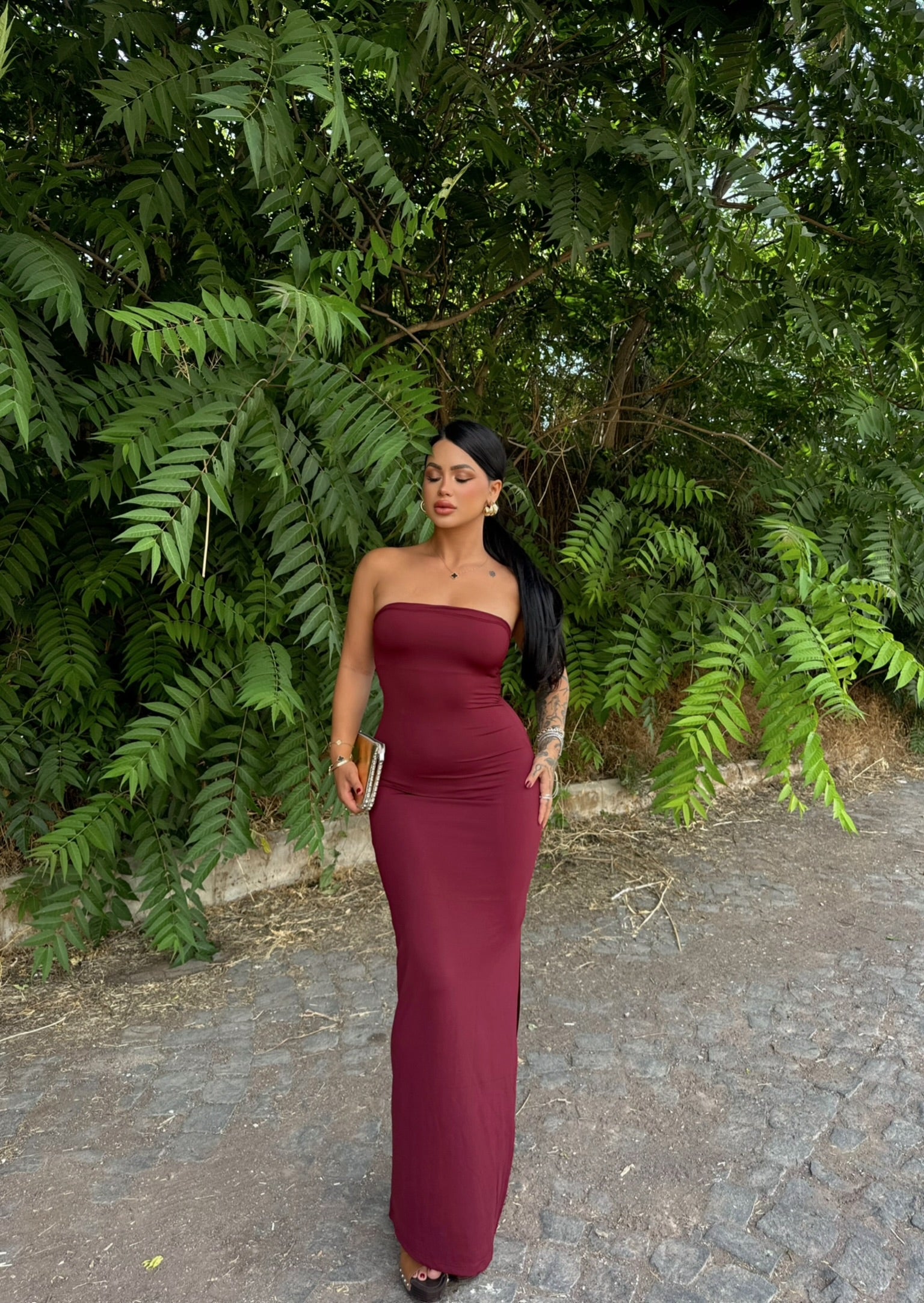 Burgundy One-Slit Strapless Dress