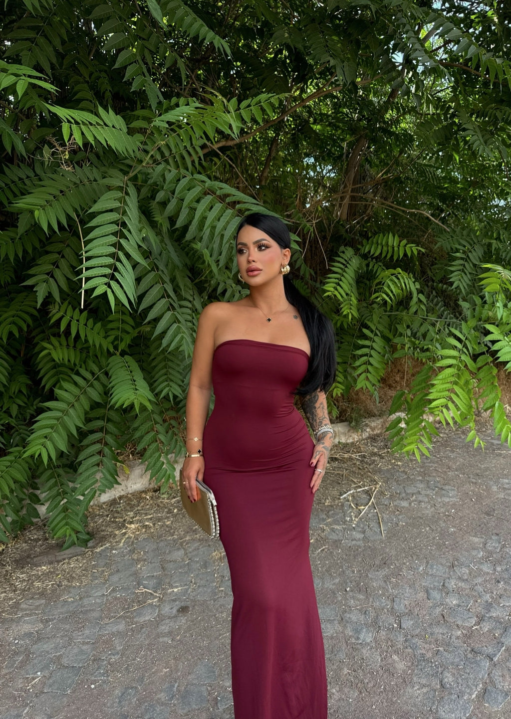 Burgundy One-Slit Strapless Dress
