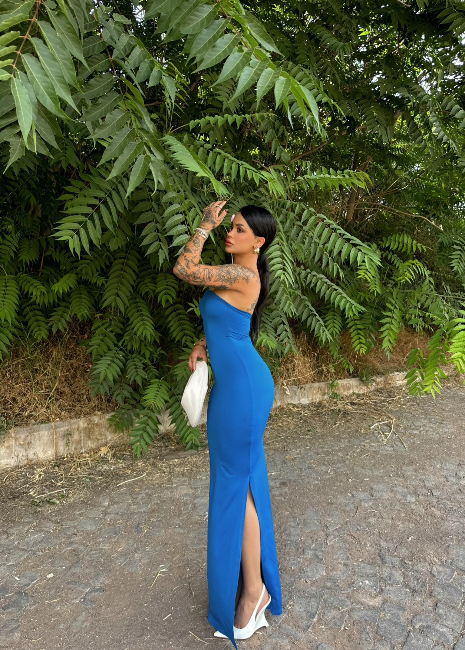 Blue One-Slit Strapless Dress