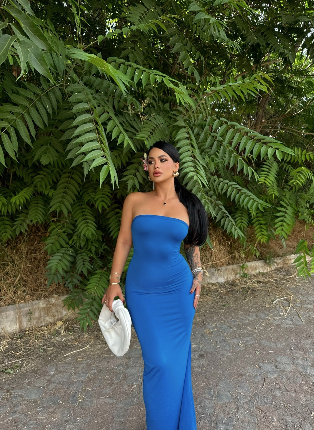 Blue One-Slit Strapless Dress