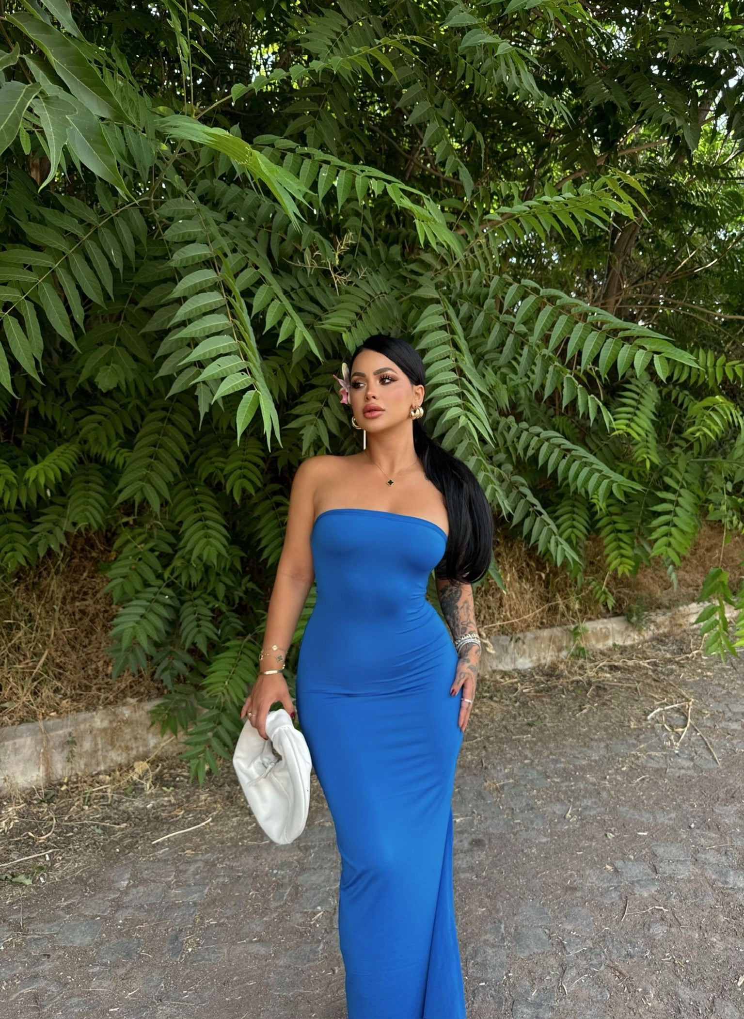 Blue One-Slit Strapless Dress