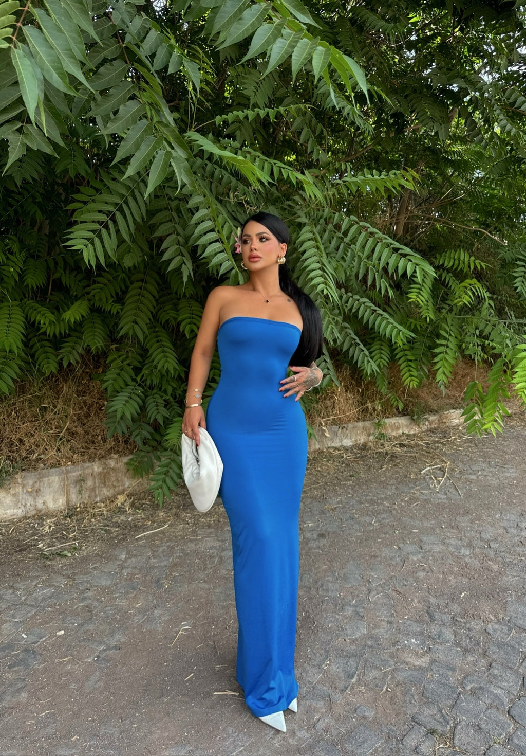 Blue One-Slit Strapless Dress