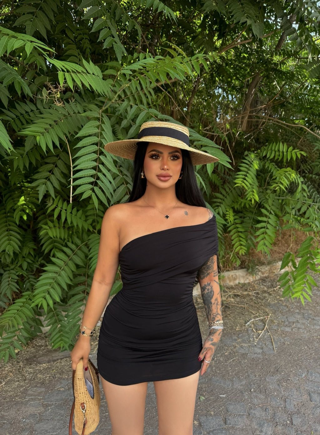Black One-Shoulder Ruched Dress