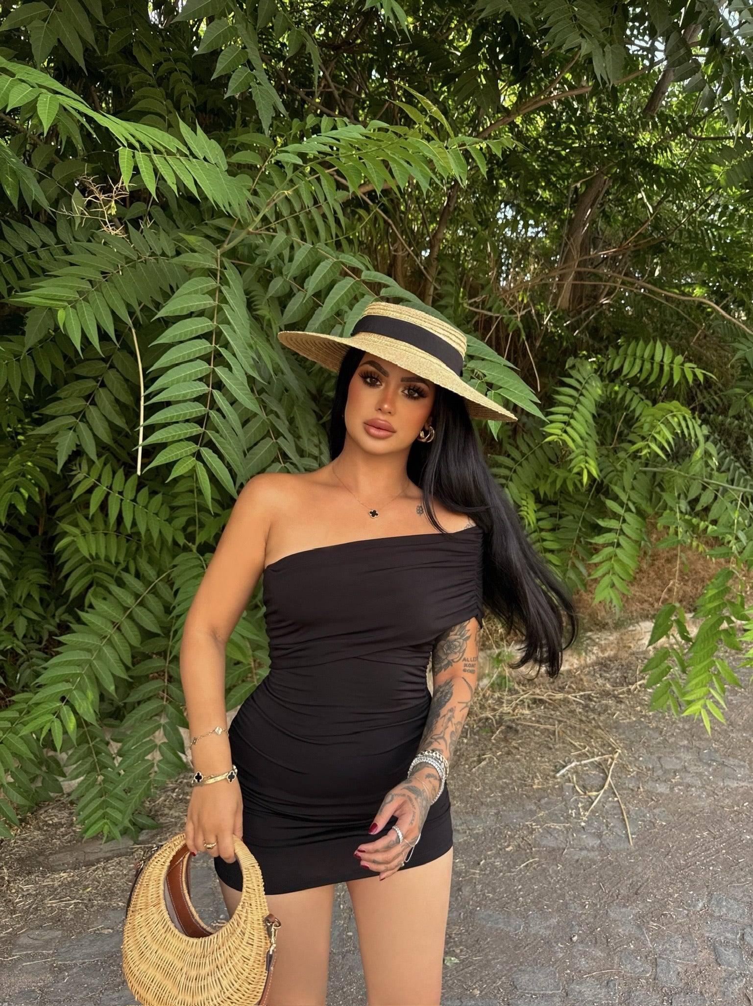 Black One-Shoulder Ruched Dress