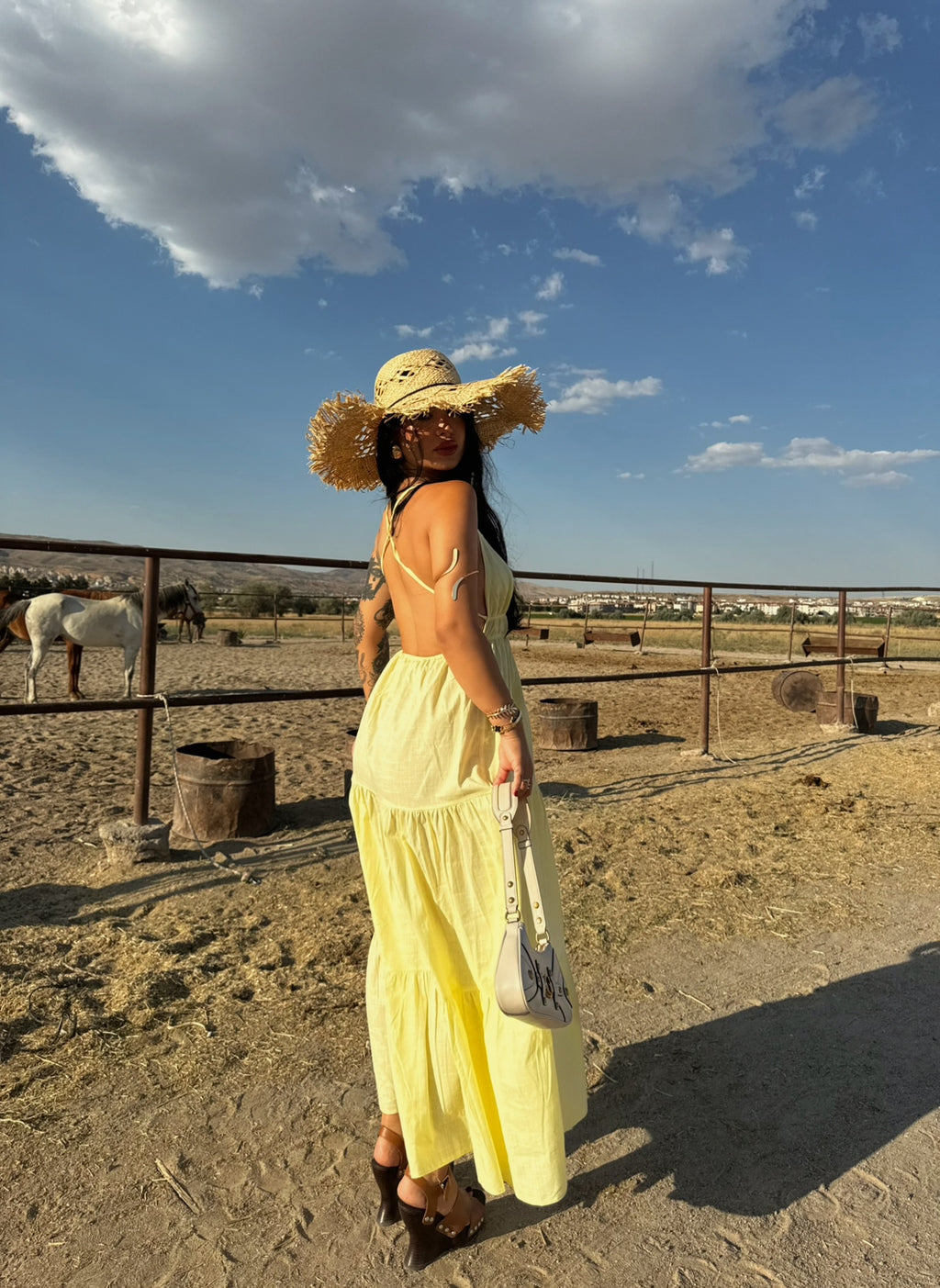 Yellow Strap Pearl Linen Dress