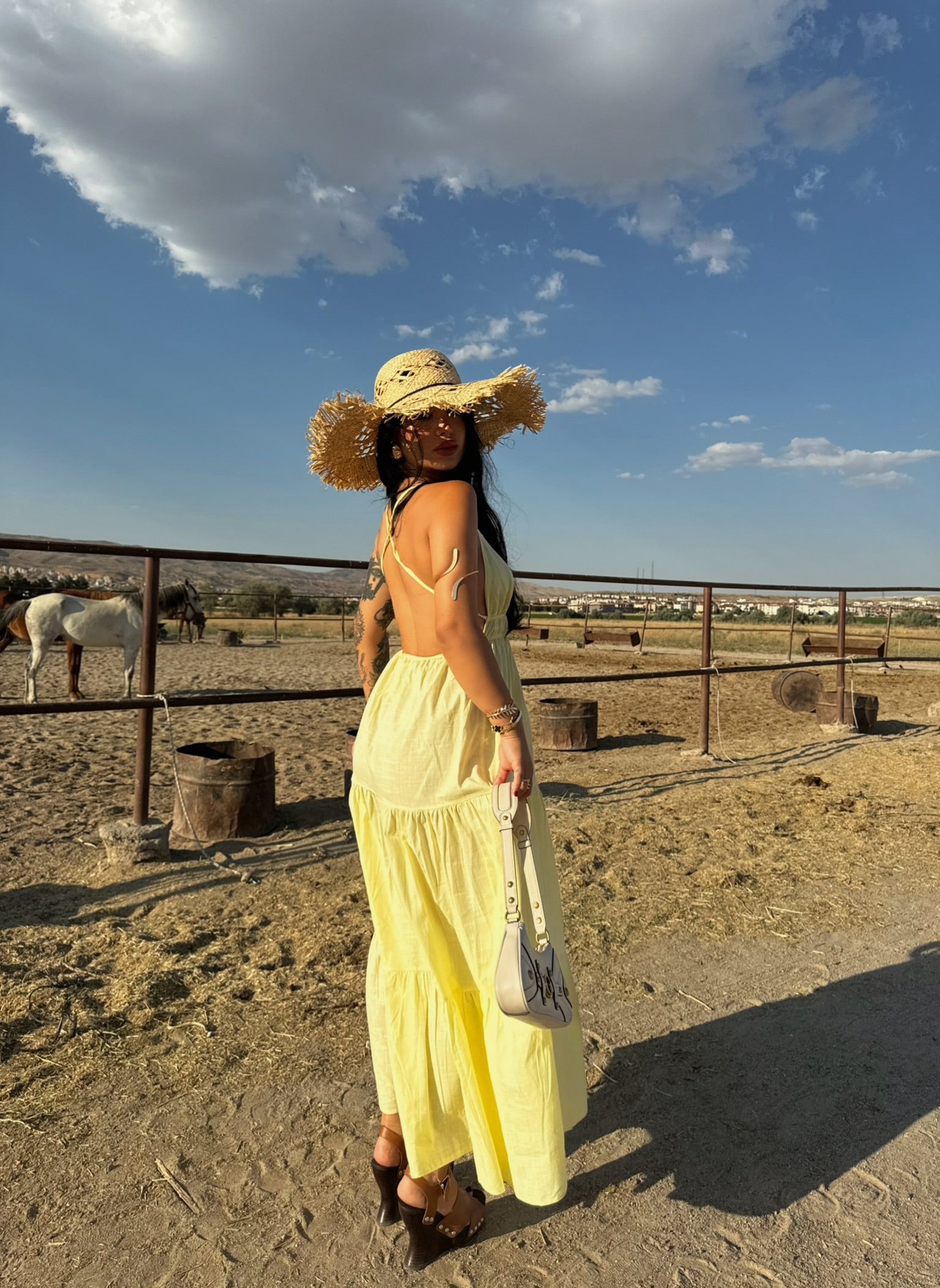 Yellow Strap Pearl Linen Dress