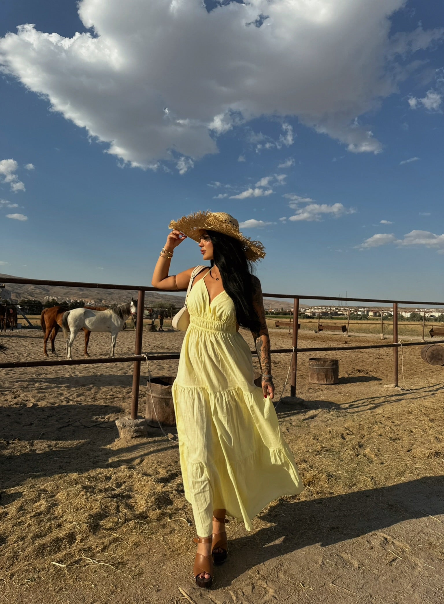 Yellow Strap Pearl Linen Dress